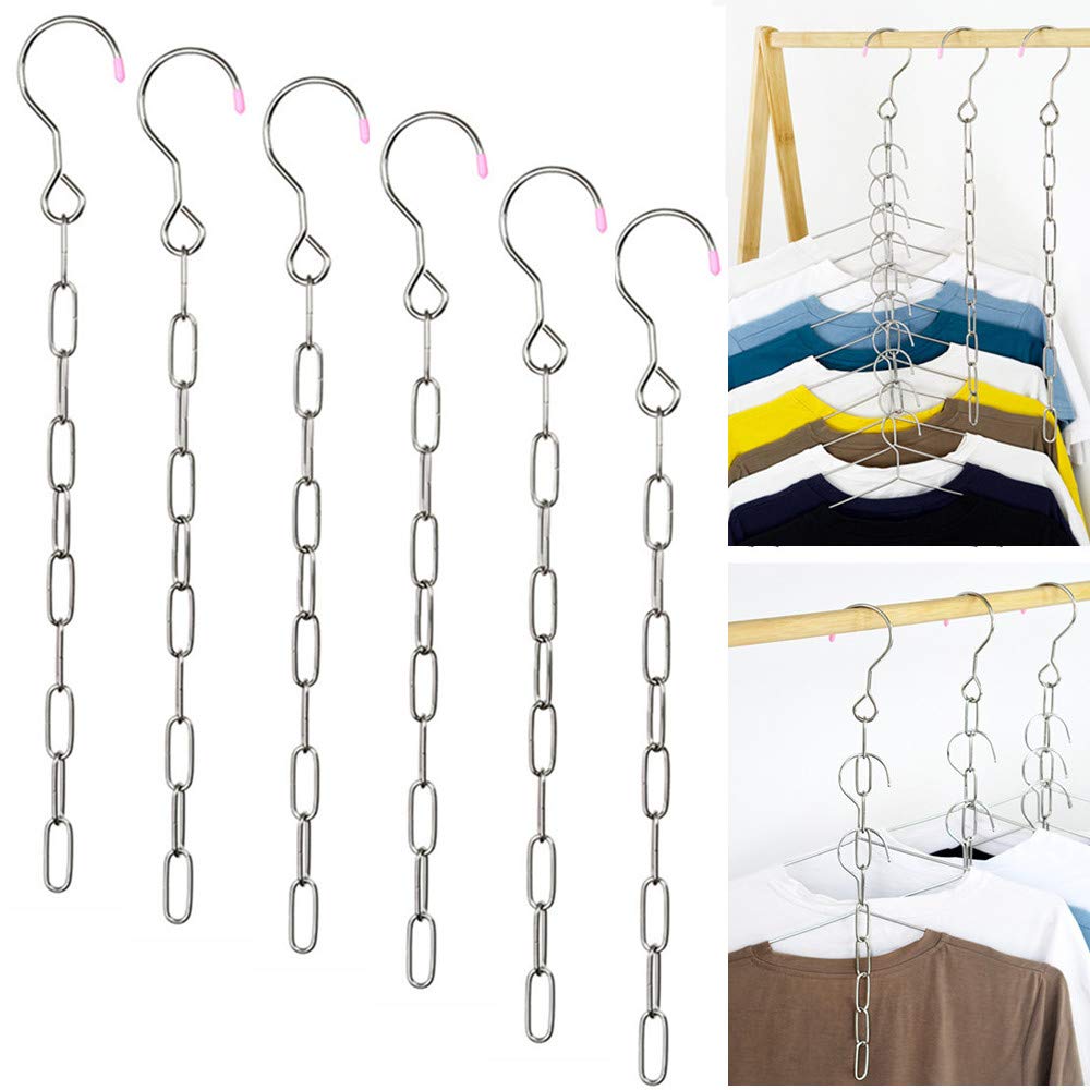 Falytemow 6-Pack Stainless Steel Space Saving Hanger Chains - Magic Closet Organizer with Cascading Design for 80% More Storage Space | Perfect for Small Closets, Dorm Rooms & Apartment Living