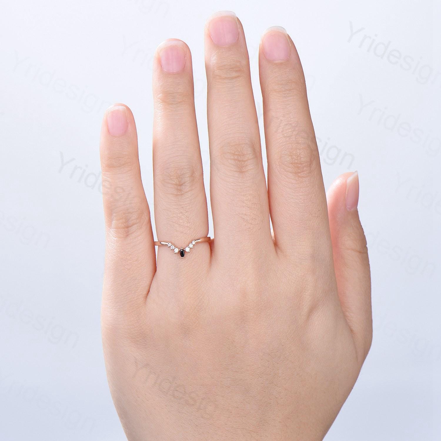 14K Rose Gold Curved Wedding Band for Women - Lab Grown Diamond & Black Spinel Art Deco Stacking Ring - Custom Matching Anniversary Jewelry Gift for Brides, Wives, and Couples - Perfect for Weddings, Engagements, and Special Occasions