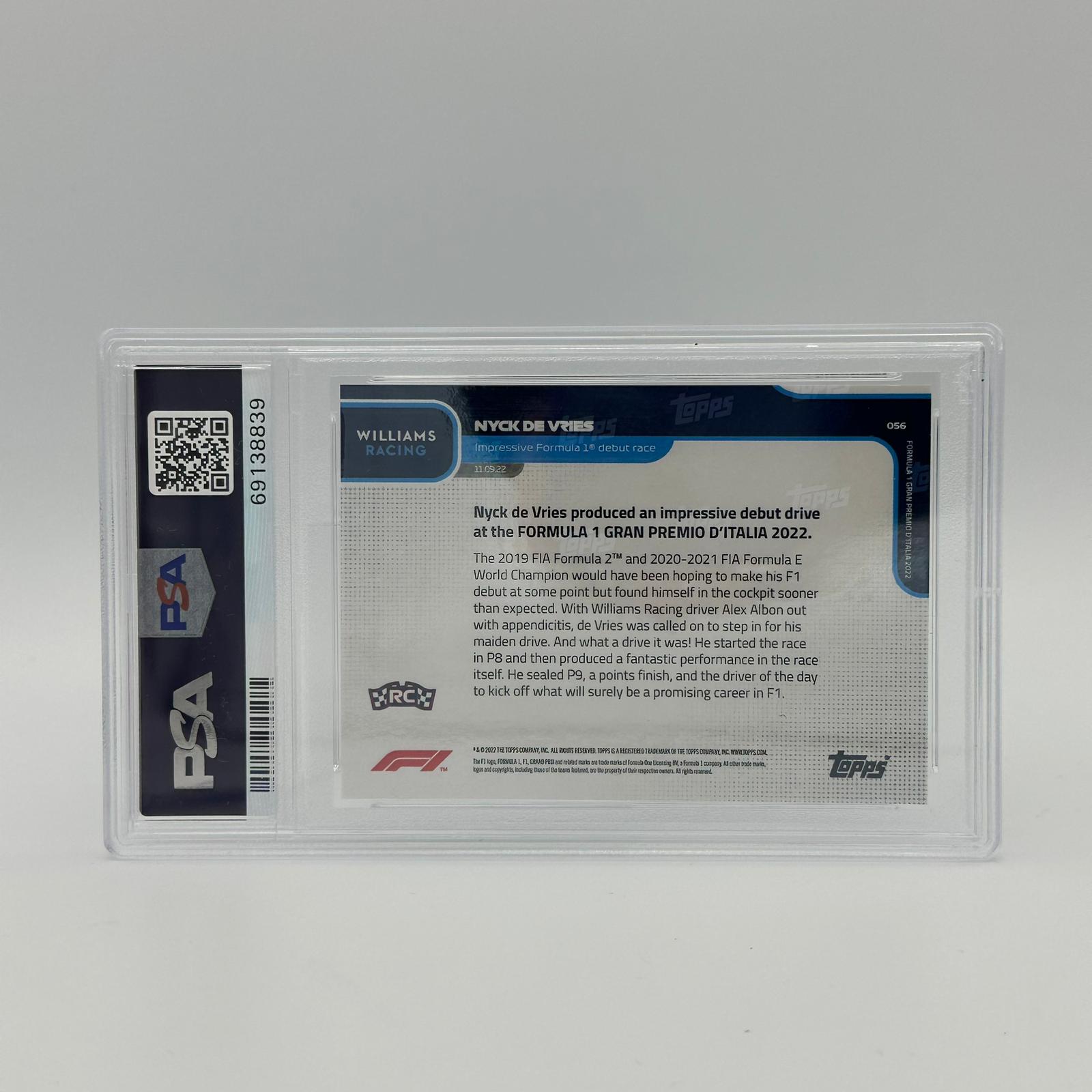 PSA 9 Graded 2006 Nyck de Vries Formula 1 Debut Rookie Card #056 Blue Parallel - Perfect for F1 Collectors and Motorsport Memorabilia Enthusiasts