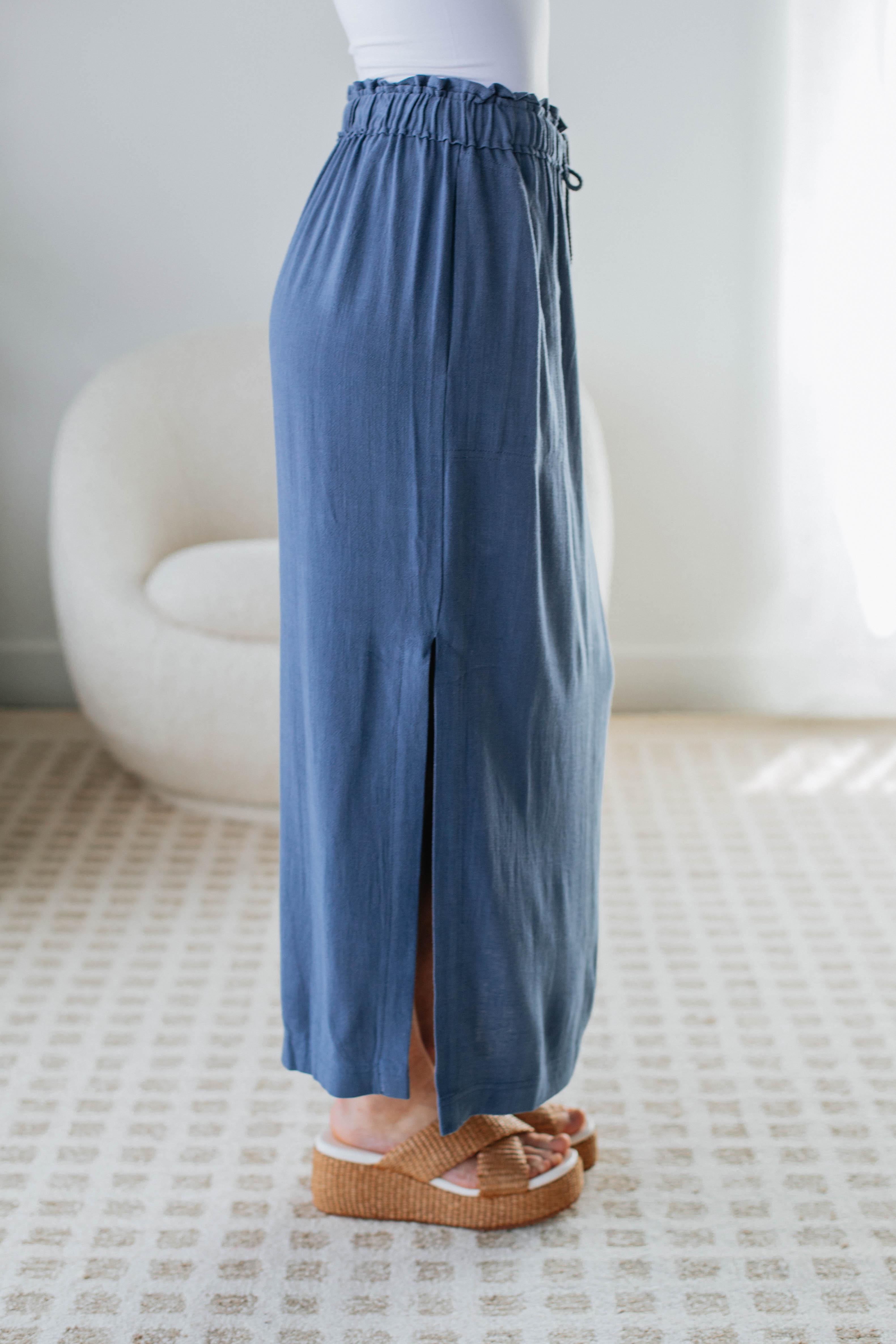 Emeline Midi Skirt for Women - Steel Blue Flowy A-Line Skirt with Pockets | Perfect for Office, Date Night & Summer Outfits