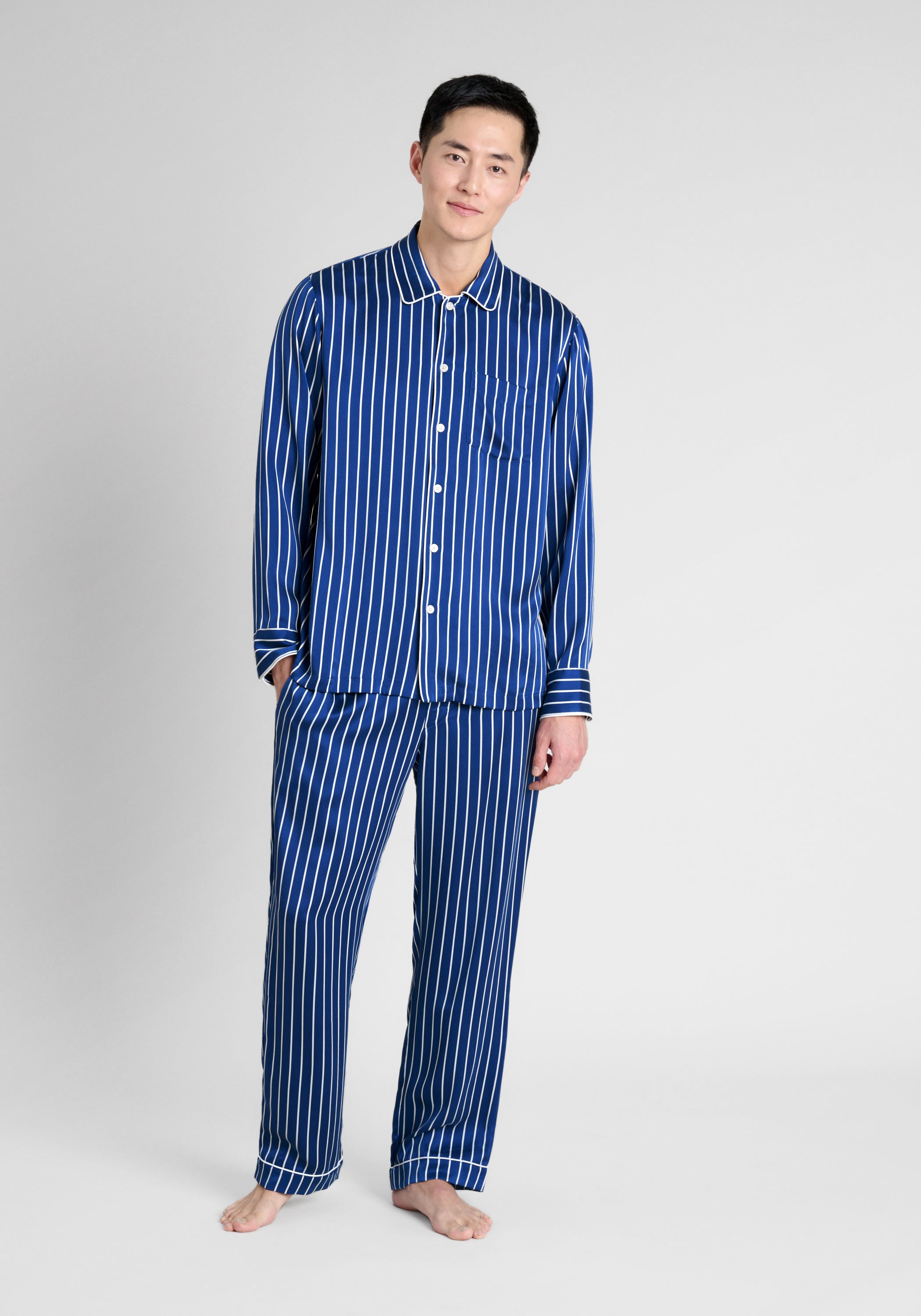 Washable Silk Henry Pajama Set - Blue & White Striped Pajamas for Men & Women | Soft Luxury Sleepwear for Home, Travel & Relaxation