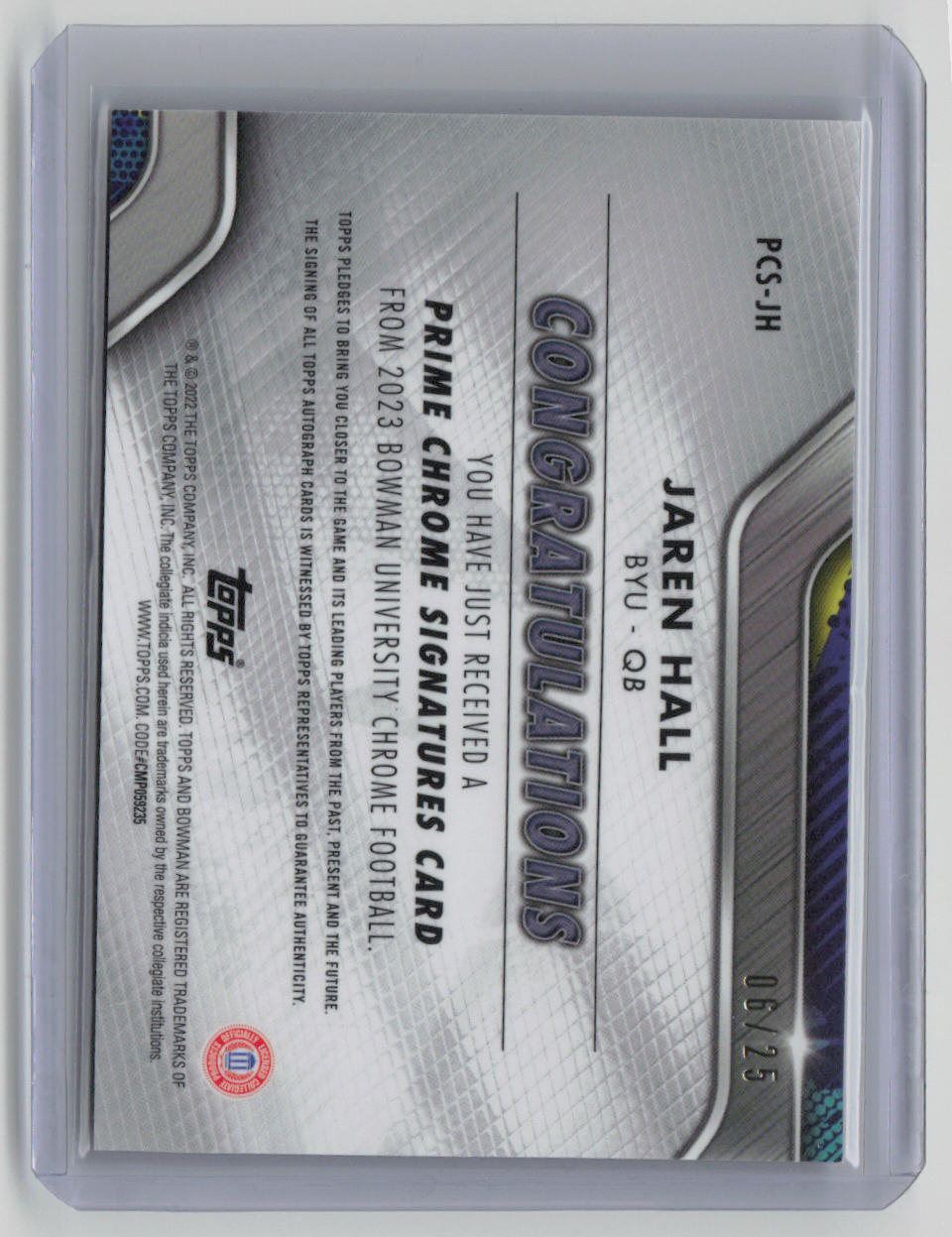 2023 Bowman Chrome Jaren Hall Orange Auto #PC JH Prime Signatures 06/25 - Rare Football Trading Card for Collectors & Fantasy Sports Fans - Perfect for Display, Investment & Game Day Excitement