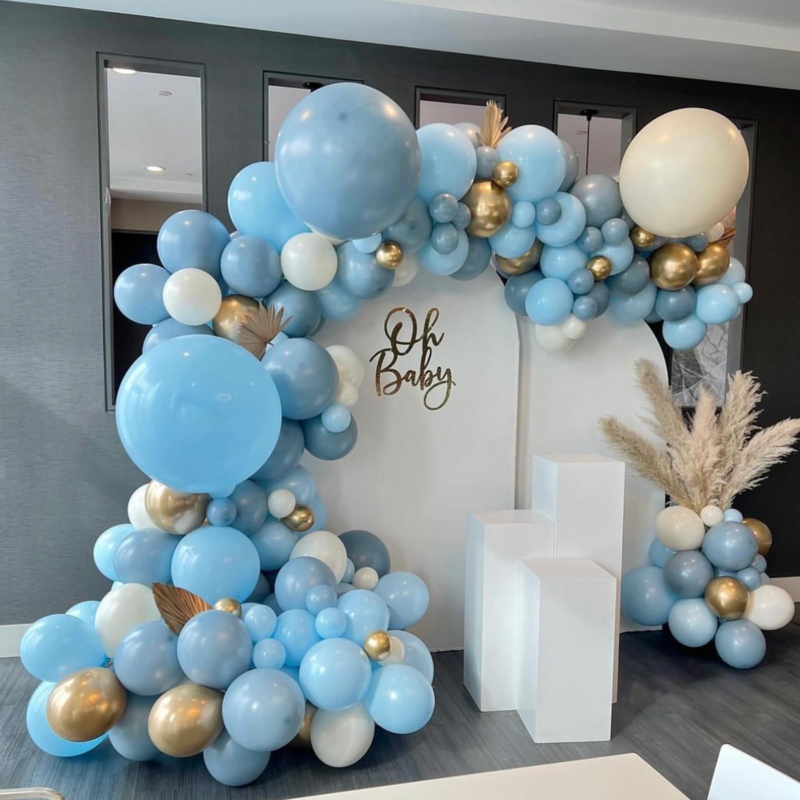 138Pcs Dusty Blue Balloons Arch Garland Kit - Baby Blue, Sand White & Metallic Gold Balloons for Bridal Shower, Gender Reveal, Birthday & Baby Shower Decorations - Perfect for Party Backdrops, Photo Booths & Wedding Centerpieces