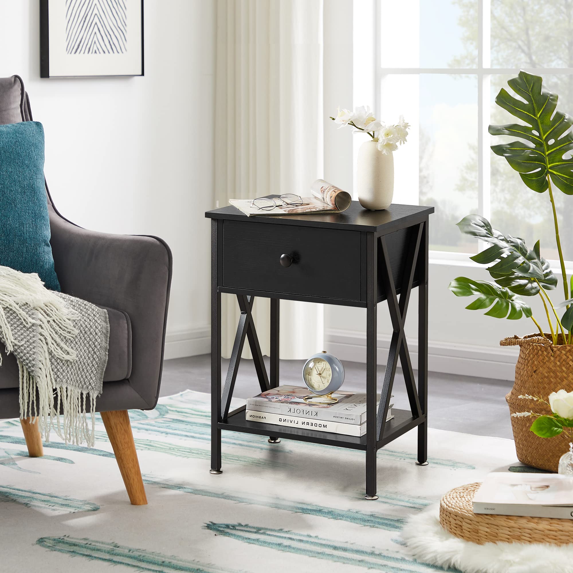VECELO Nightstands Set of 2 - Modern Bedside End Tables with Drawer & Storage Shelf, Industrial Metal Frame Night Stands for Bedroom & Living Room - Perfect for Small Spaces, Apartment Furniture & Home Decor