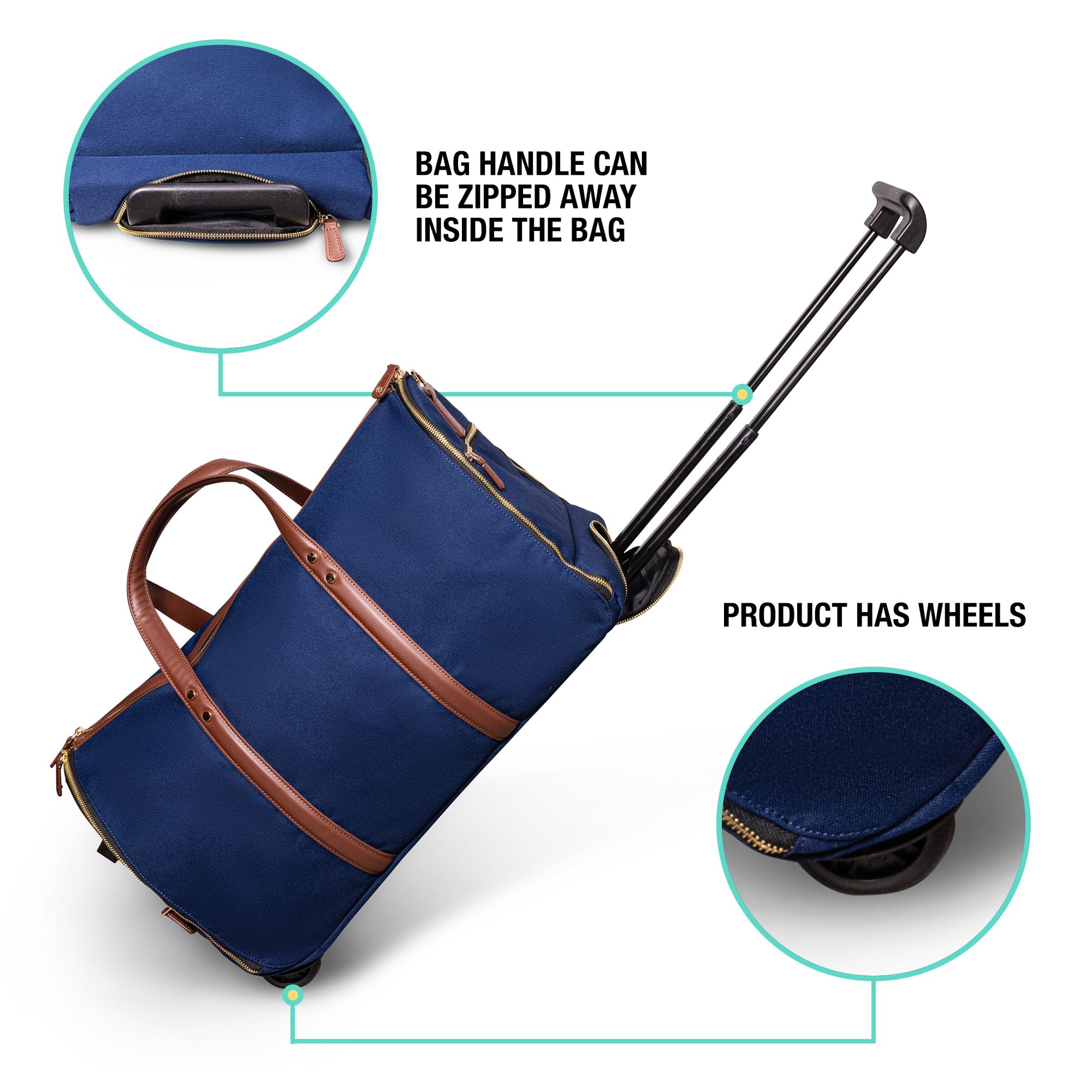 Convertible Rolling Duffel Carry On Luggage - Kendall Country Wheeled Weekender Bag with Extendable Handle & Shoe Compartment | Travel Garment Bag for Business Trips & Vacations | Midnight Blue | Perfect for Airplane Carry-On & Weekend Getaways