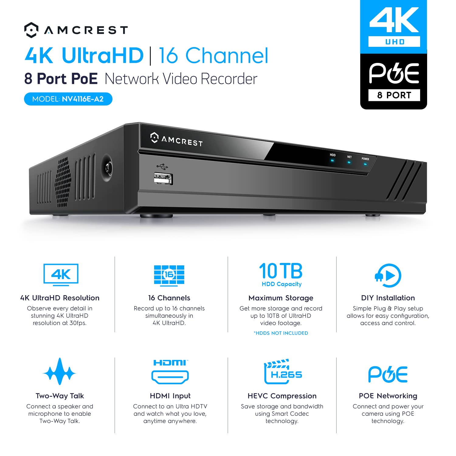 **Amcrest 4K 16CH 8-Port PoE NVR NV4116E-A2 – 16-Channel Network Video Recorder with 1TB HDD, Supports 8MP IP Cameras (1080p/3MP/4MP/5MP/8MP) – Ideal for Home Security & Business Surveillance**