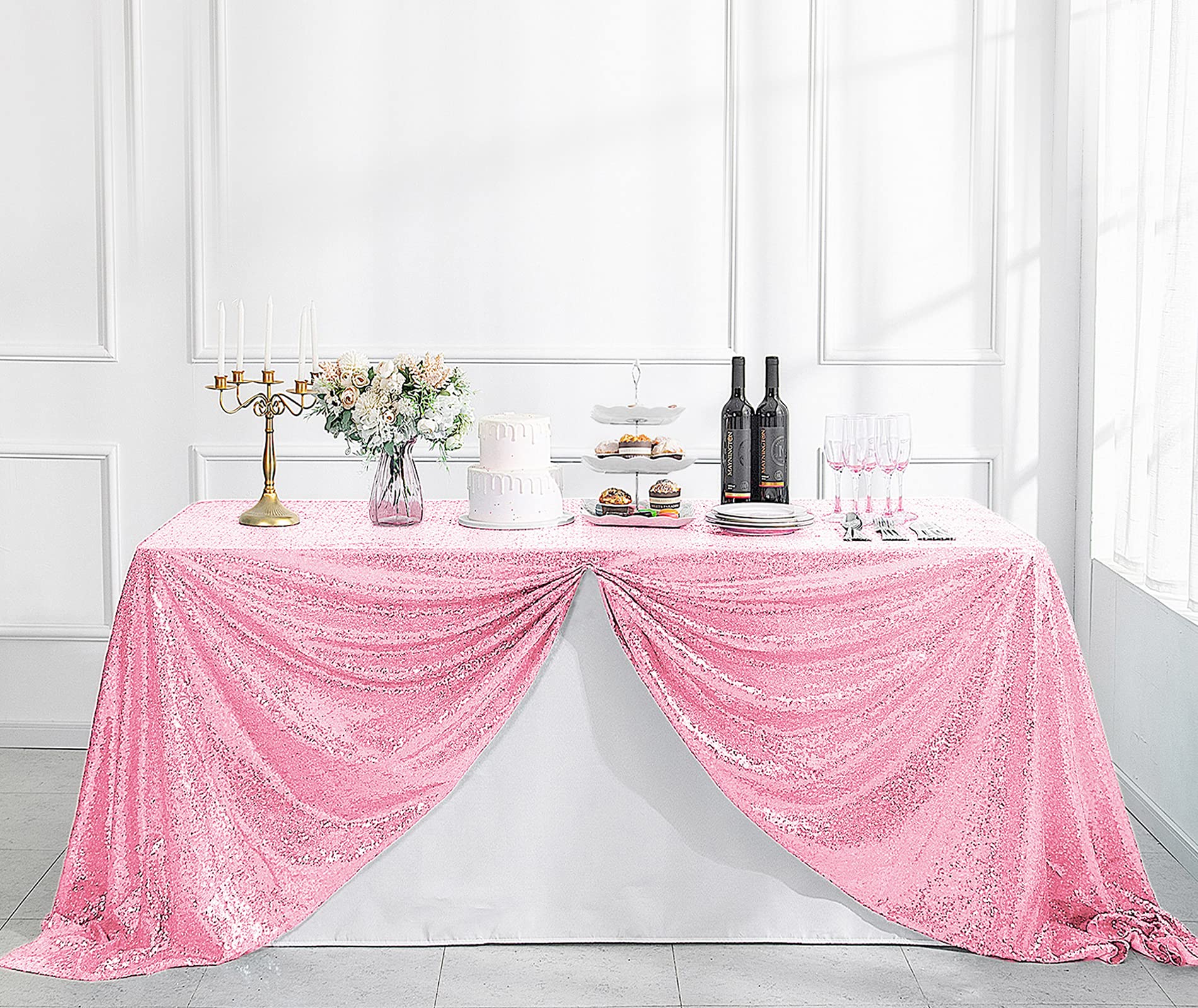 Pufogu 90x132 Inch Pink Sequin Tablecloth - Glitter Rectangular Table Cover for Birthday, Wedding, Bridal & Baby Shower Party Decor | Perfect for Holiday Celebrations, Banquet Tables & Special Events