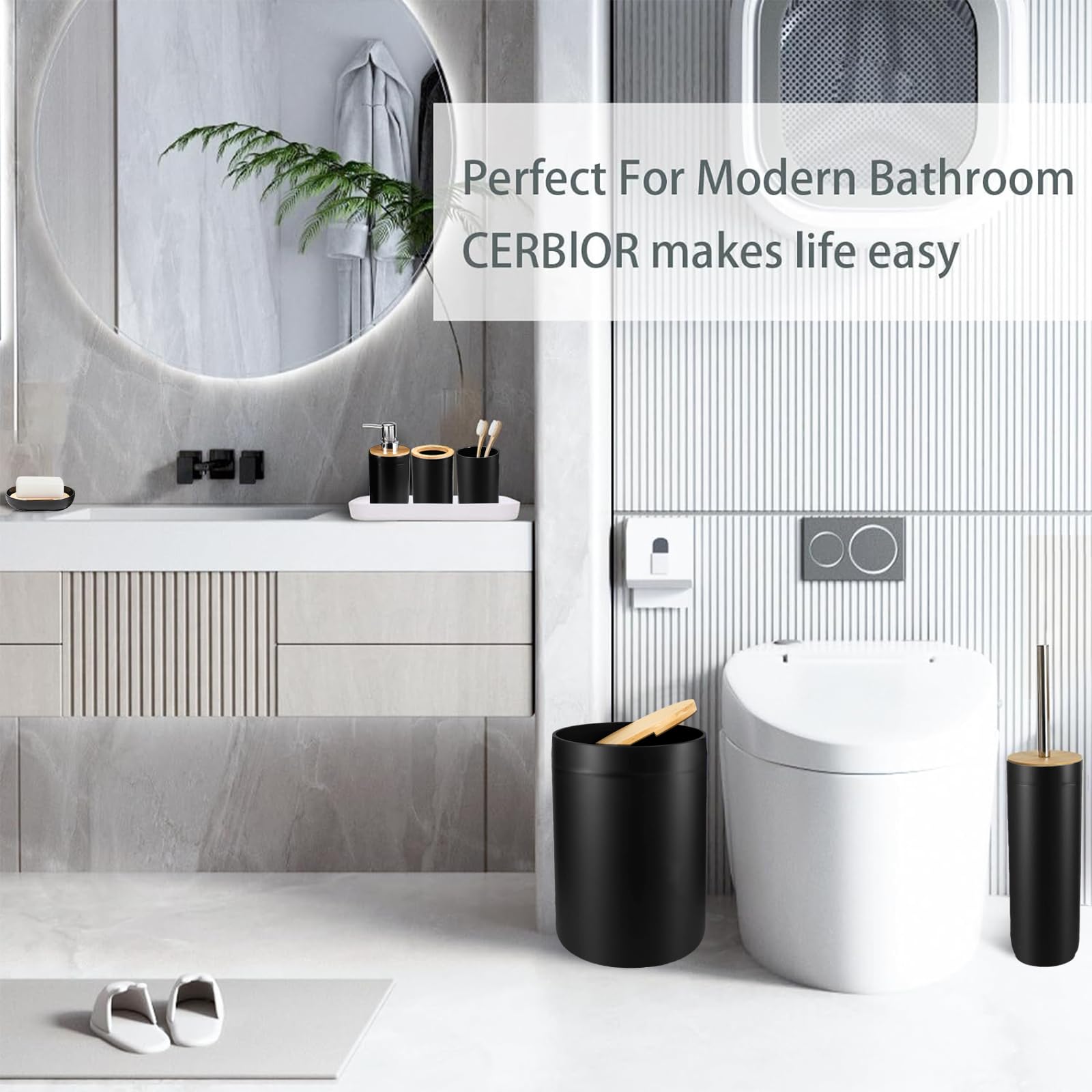 CERBIOR 6-Piece Bamboo Bathroom Accessory Set - Soap Dish, Toothbrush Holder, Rinse Cup, Lotion Bottle, Trash Can & Toilet Brush | Eco-Friendly Toilet Organizer for Bathroom, Powder Room & Guest Bath | Modern Black Bath Essentials for Home Decor