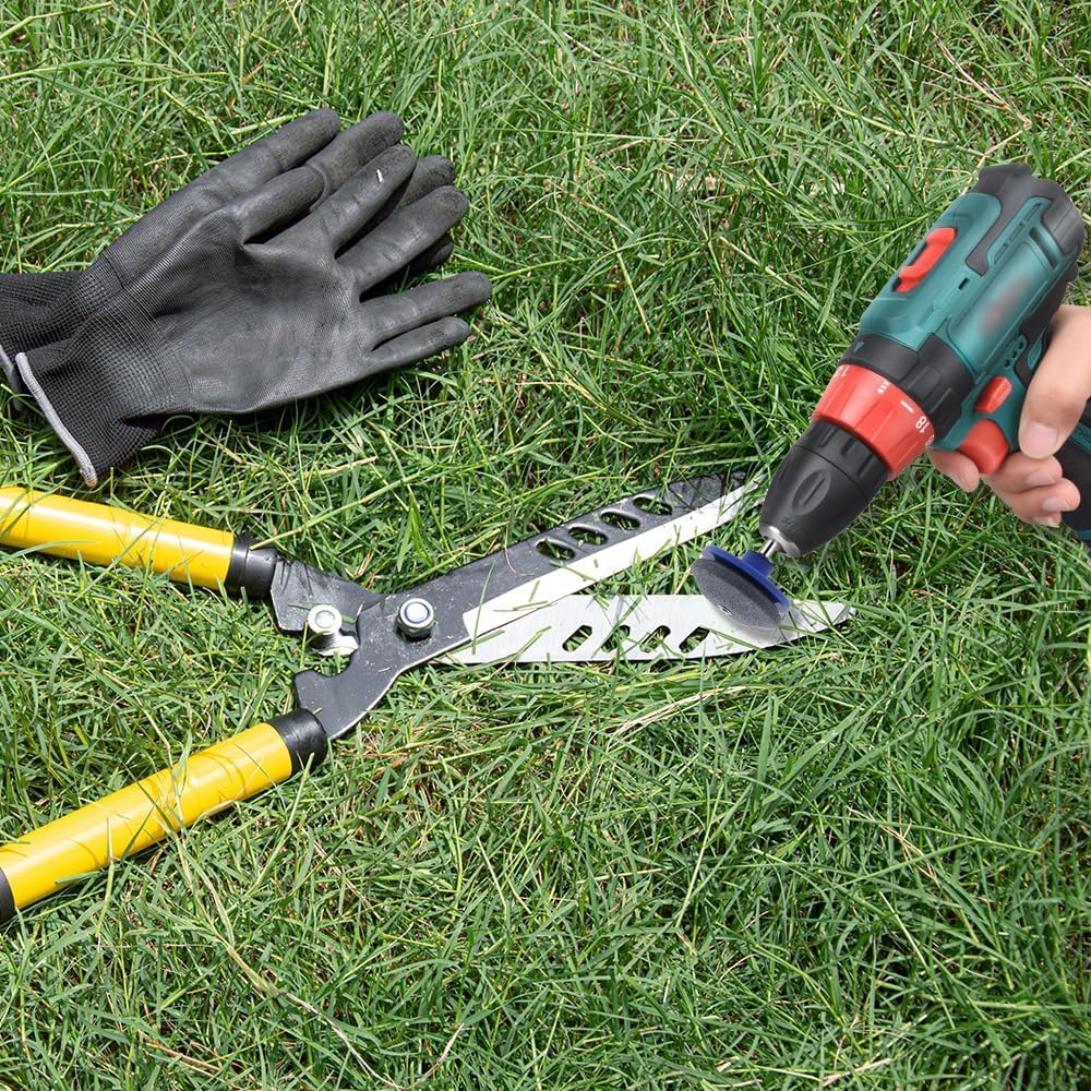 2024 Universal Lawn Mower Blade Sharpener Kit - Dull Blade Sharpener Attachment for Power Drills, Wear-Resistant Rotary Mower Blade Sharpener (4-Piece Red Set) - Perfect for Home Lawn Care & Professional Landscaping