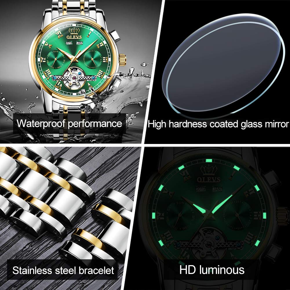 OLEVS Automatic Self-Winding Men's Watch - Stainless Steel Tourbillon Mechanical Watch with Luminous Hands, Waterproof Luxury Dress Watch for Business, Formal & Special Occasions