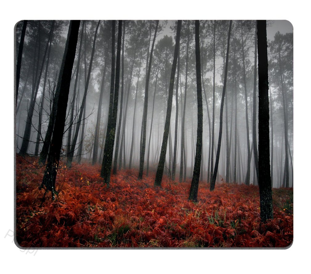Custom Gaming Mouse Pad with Mystic Trees & Leaves Design - 9.5x7.9 Inch Non-Slip Surface for PC, Laptop, Office & Home Use - Modern Art Flower Rainy Foggy Gray Scene Print in Black & Gray