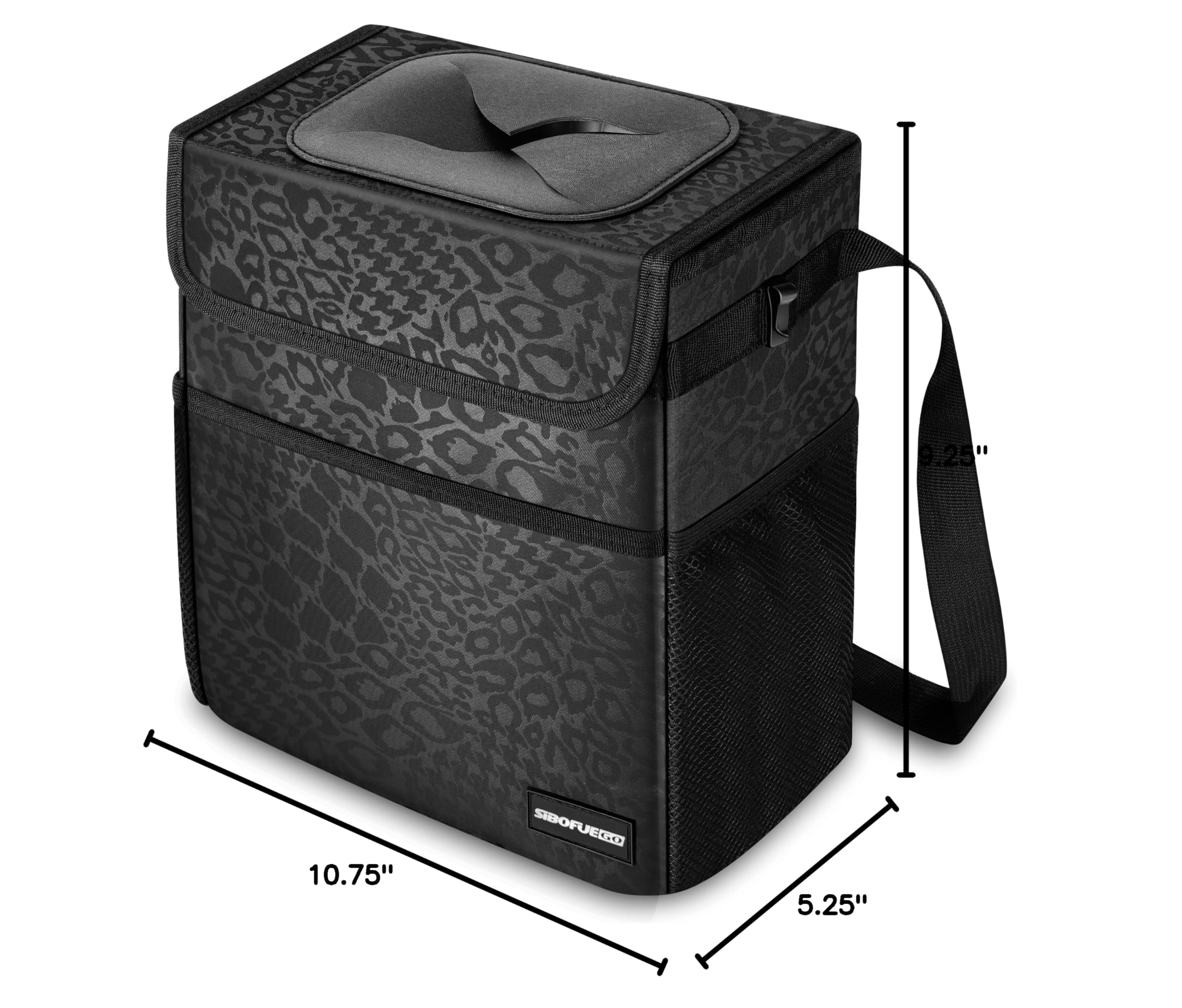 Black Leopard Car Trash Can with Lid – 2 Gallon Collapsible, Leak-Proof & Waterproof Car Garbage Bin with Storage Pockets & Adjustable Straps – Perfect for Road Trips, Commuting & Keeping Your Vehicle Clean