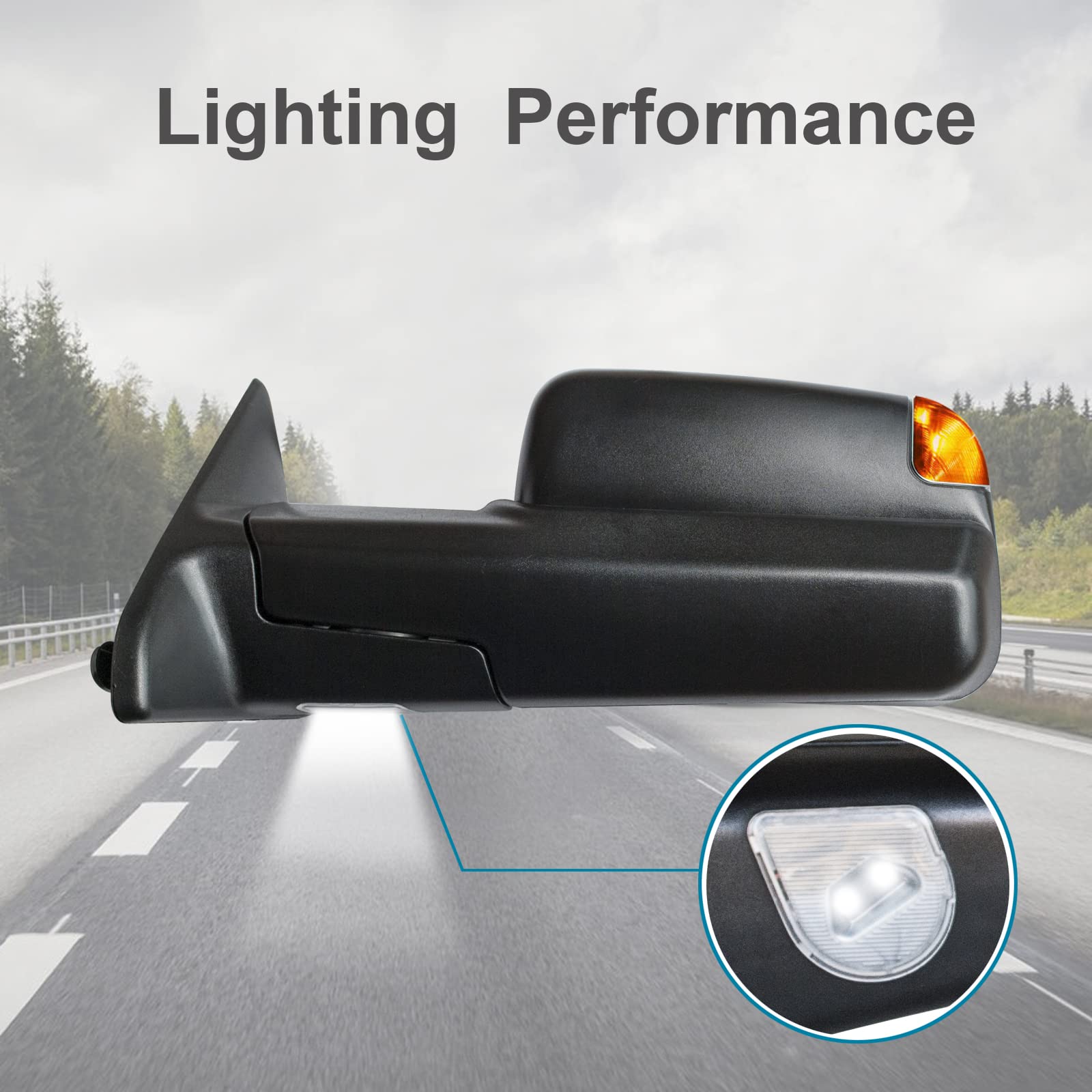 Heated Power-Folding Towing Mirrors with LED Turn Signals & Puddle Lamps for 2009-2018 Dodge Ram 1500/2500/3500 Pickup Trucks - Defrost & Temperature Sensor - Perfect for Towing, Off-Roading & Night Driving