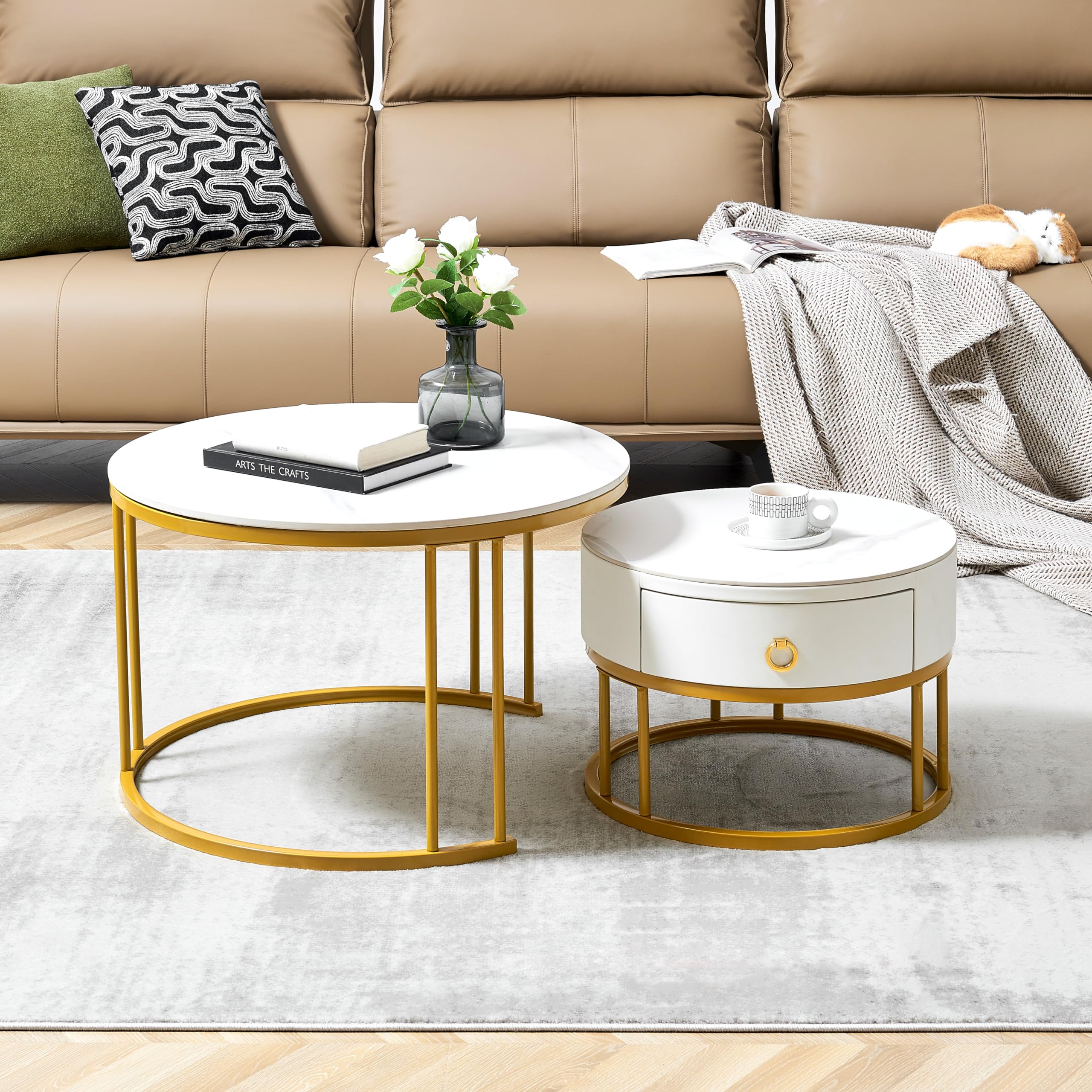 BAMOOLI 2-Piece Nesting Coffee Table Set - Modern Round Stacking Side Tables with Drawer, Sintered Stone Top & Metal Frame - Gold End Tables for Living Room, Apartment, Small Space | Perfect for Coffee Time, Reading Nook & Space-Saving Home Decor