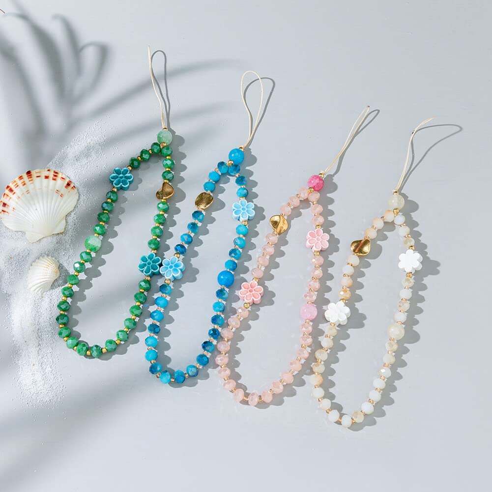 Beaded Flower Phone Lanyard Wrist Strap - Crystal Beaded Phone Charm String, Anti-Lost Cell Phone Chain Strap, Cute Keychains, Fashion Phone Accessories in Beige for Everyday Use, Travel, and Gifting
