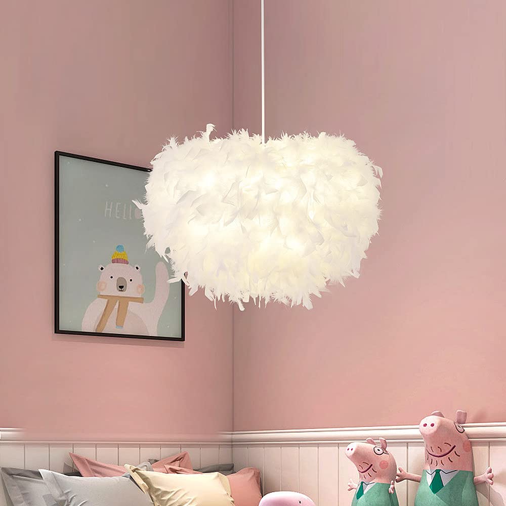 Hand-Woven White Feather Pendant Light with Plug-in Cord - Modern Hanging Ceiling Lamp for Bedroom, Living Room & Dining Room | Soft Ambient Lighting for Cozy Home Decor