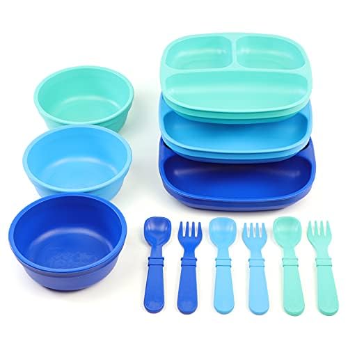 Re-Play Made in USA 3 Meals a Day Set - 3 Divided Plates & Utensils - BPA Free, Eco-Friendly Recycled Plastic - True Blue with Wide Base Bowls - Perfect for Kids, Toddlers & Family Mealtime