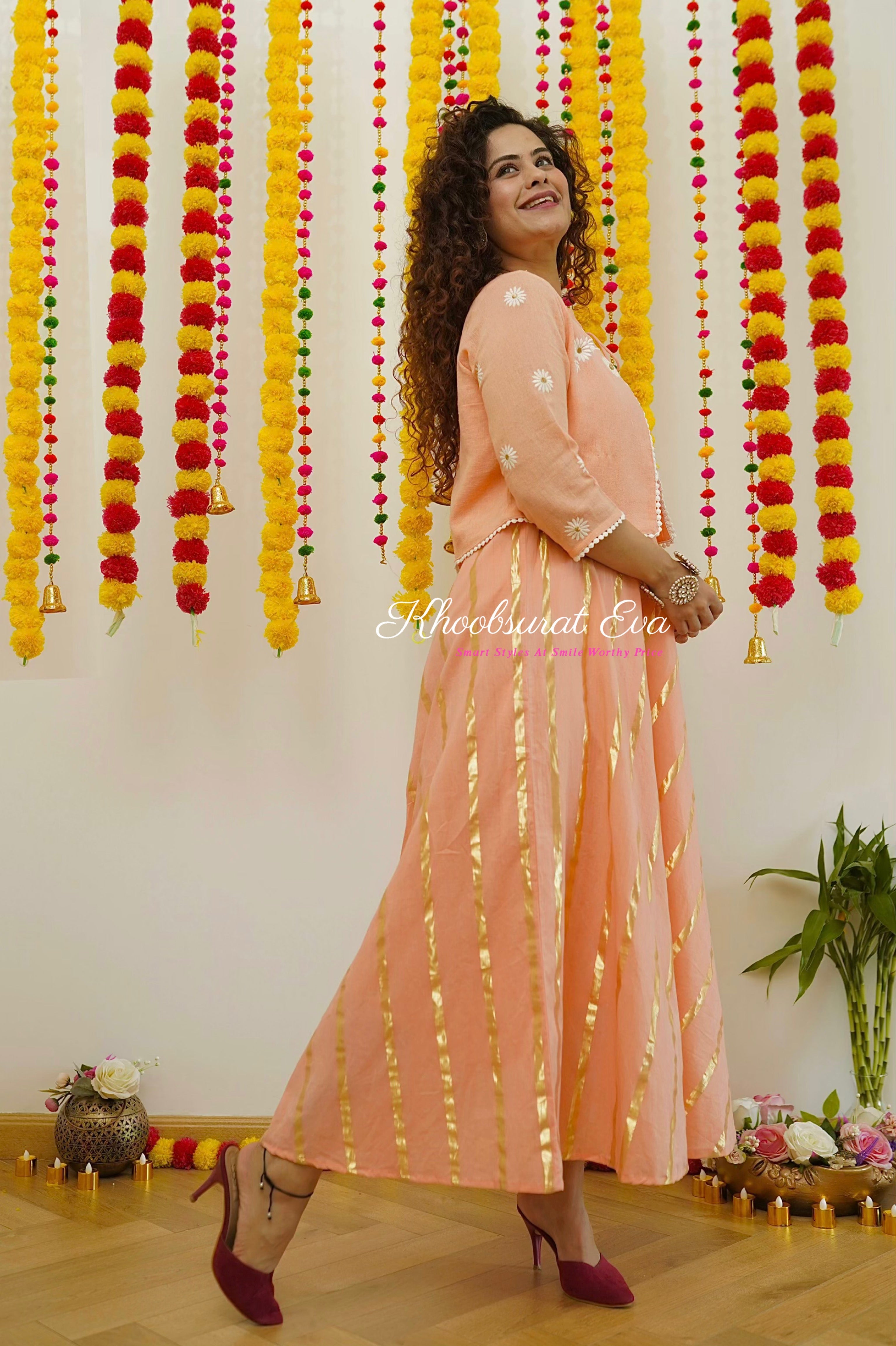 Elegant Peach & White Embroidered Jacket and Maxi Dress Set (2-Piece) - Perfect for Weddings, Parties & Special Occasions