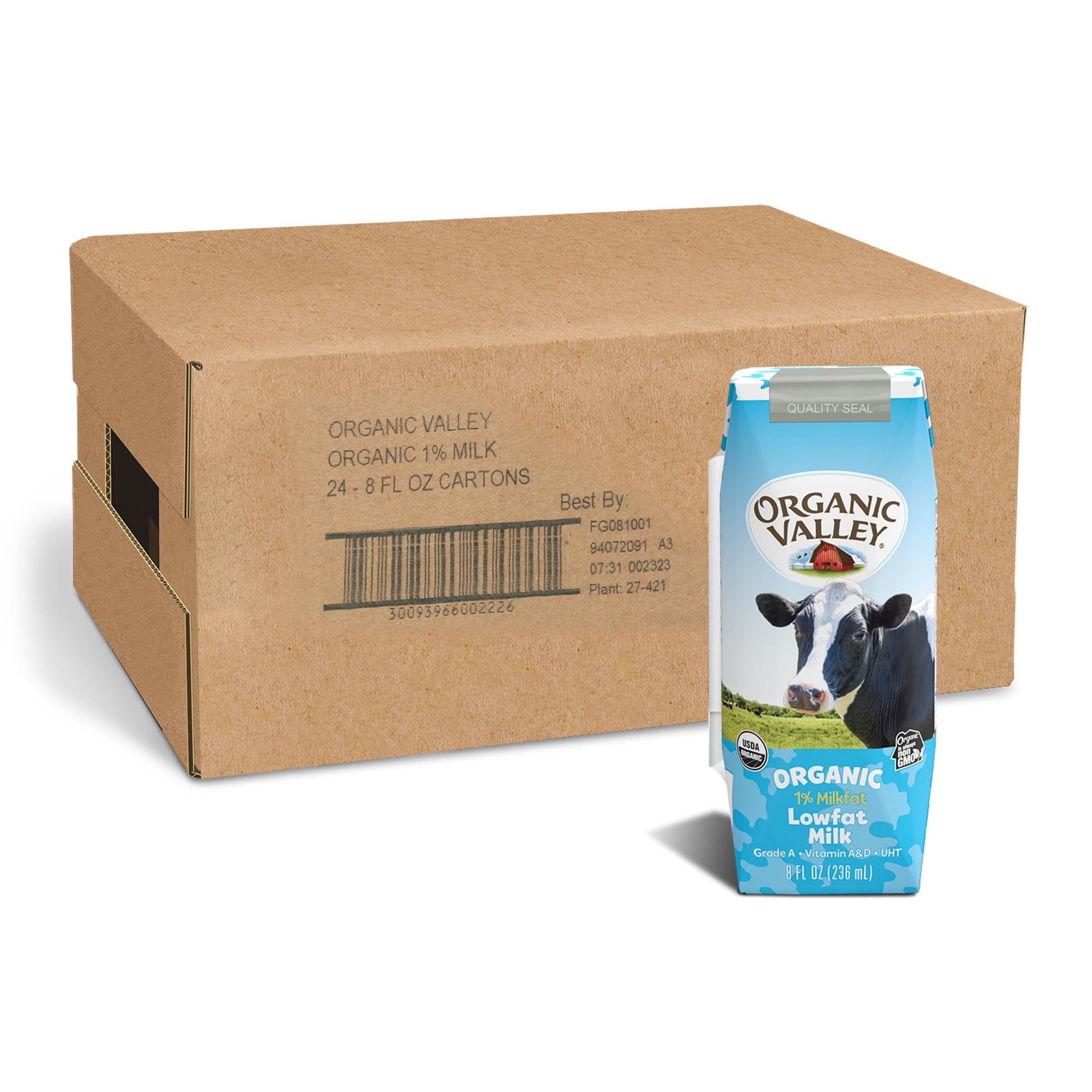 Organic Valley 1% Shelf-Stable Milk Boxes - 8 Fl Oz (Pack of 24) | Healthy Low-Fat Milk for Kids Lunchboxes, School Snacks & On-the-Go Nutrition