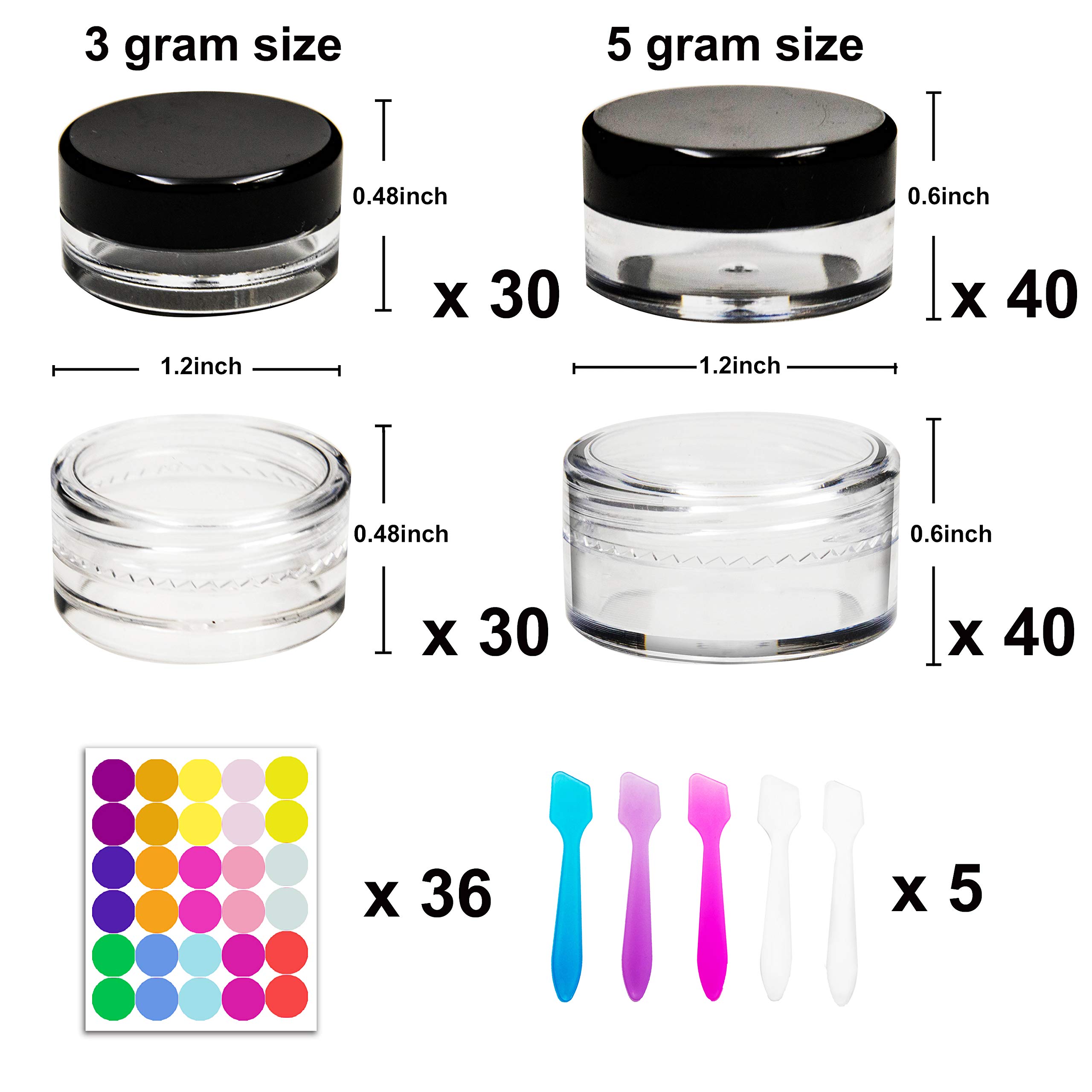 Youngever 140-Piece Empty Plastic Cosmetic Sample Kit - 80x 5g Jars (40 White/40 Black), 60x 3g Jars (30 White/30 Black), 5 Mini Spatulas & Labels - Perfect for DIY Beauty Products, Travel Containers & Skincare Samples