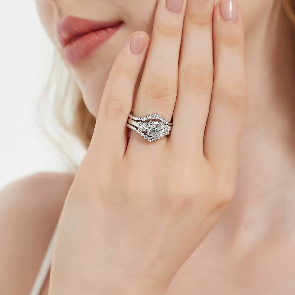 BERRICLE Sterling Silver 3-Stone Wedding & Engagement Ring Set - 2 Carat Cushion Cut Cubic Zirconia CZ Wishbone Design for Women, Rhodium Plated Size 4-10 - Perfect for Proposals, Anniversaries & Special Occasions