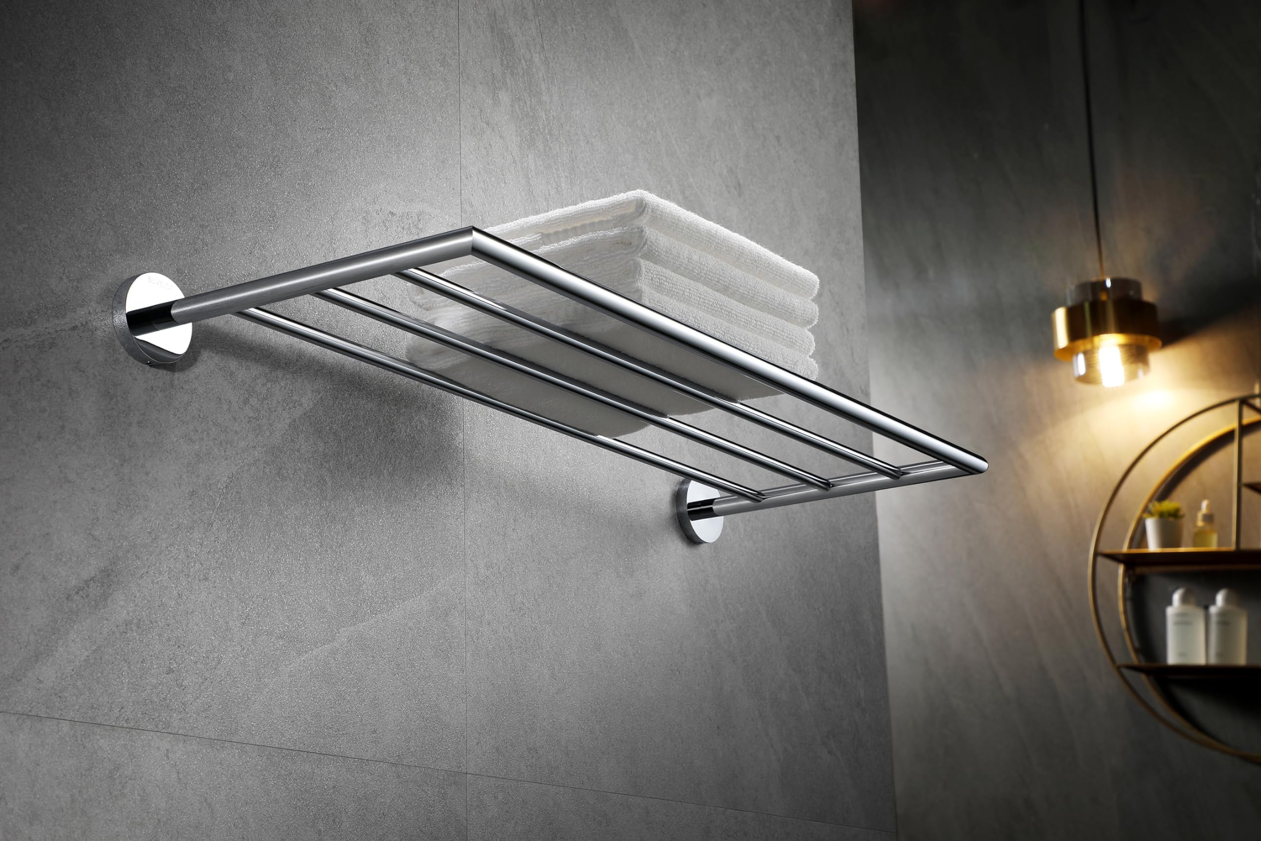 Modern Chrome Wall Mounted Towel Rack for Bathroom - 26 Inch Hotel Style Towel Shelf with Bar - Leo Series 077090-CR - Perfect for Spa, Guest Room & Luxury Bathroom Decor