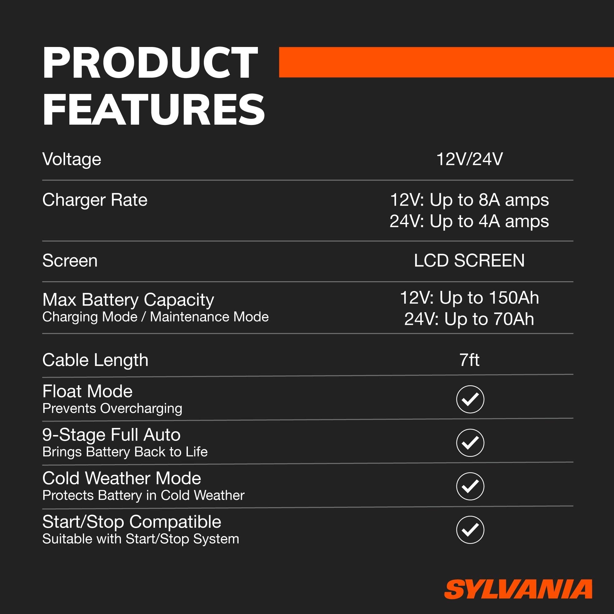 SYLVANIA Heavy-Duty 12V/24V 8A Smart Car Battery Charger & Maintainer - Portable Automotive Battery Charger for Cars, Trucks, SUVs - Perfect for Winter Storage, Long Trips & Emergency Jump Starts