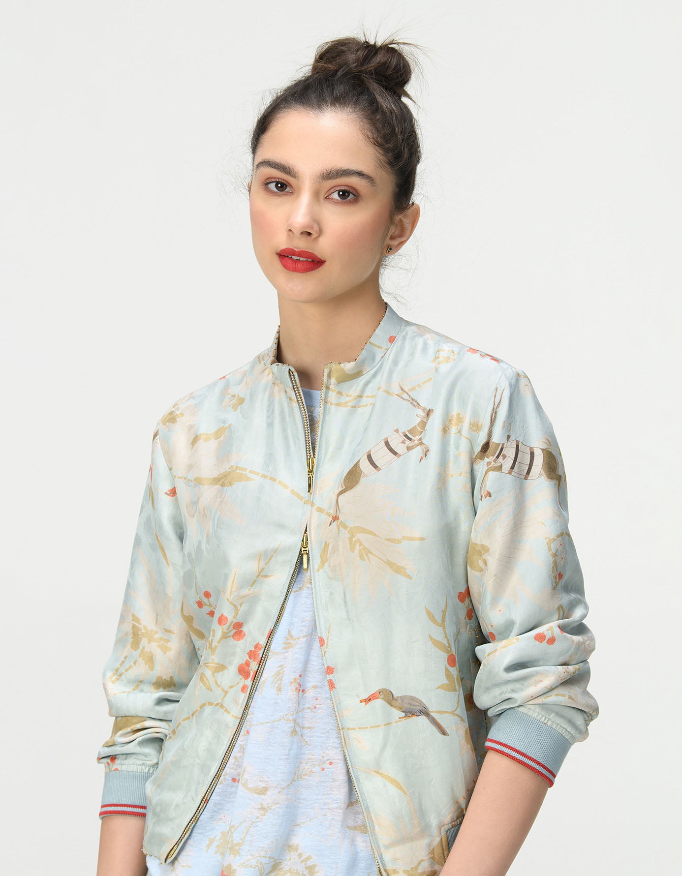 Janbaaz Men's Silk Damask Bomber Jacket - Lightweight Ice Blue Vintage Style Jacket for Casual Wear & Night Out