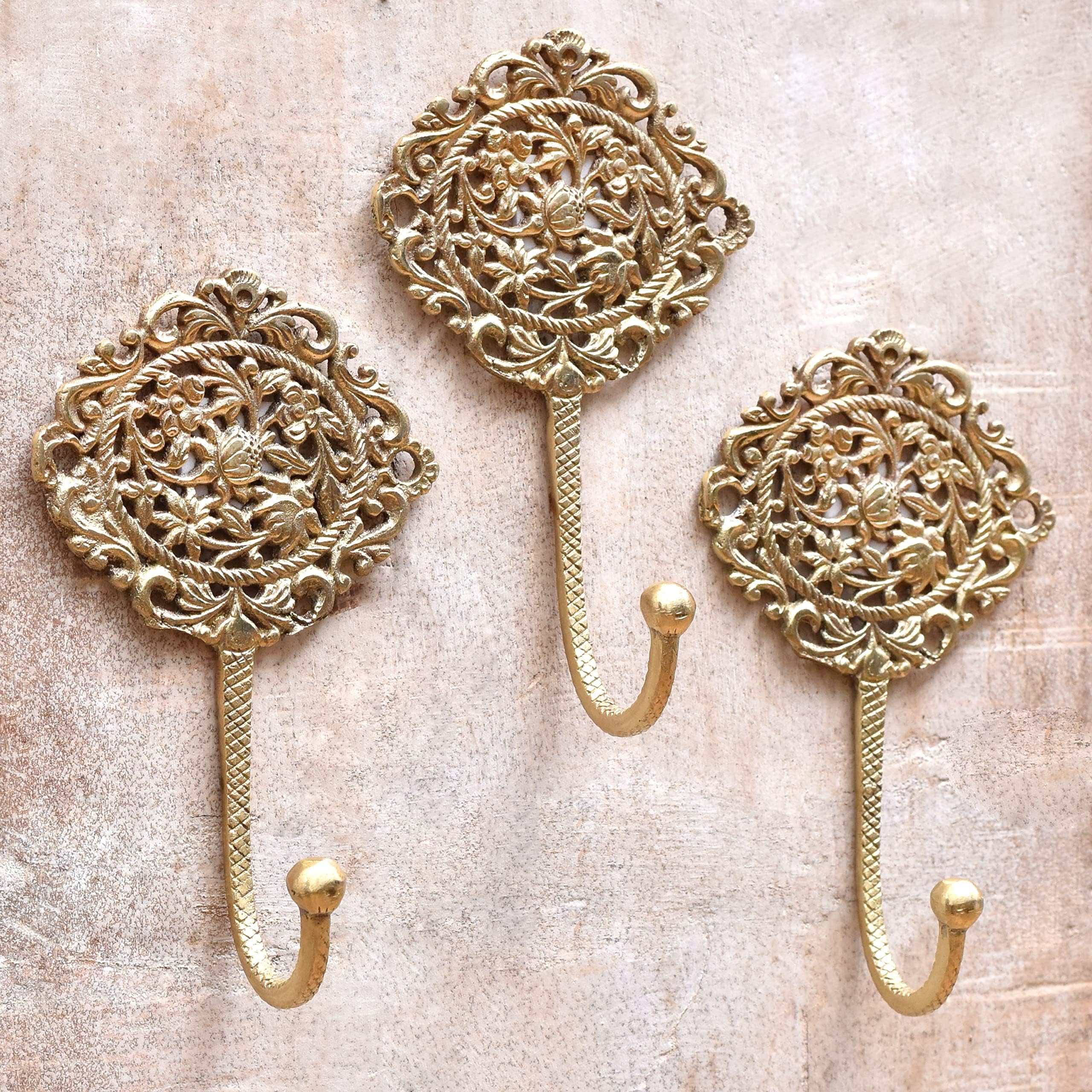 Vintage Brass Wall Hooks - Set of 3 Antique Gold Key Hooks for Coats, Hats & Home Decor | Boho Chic French Style Hanging Hooks for Entryway, Bedroom & Bathroom Organization