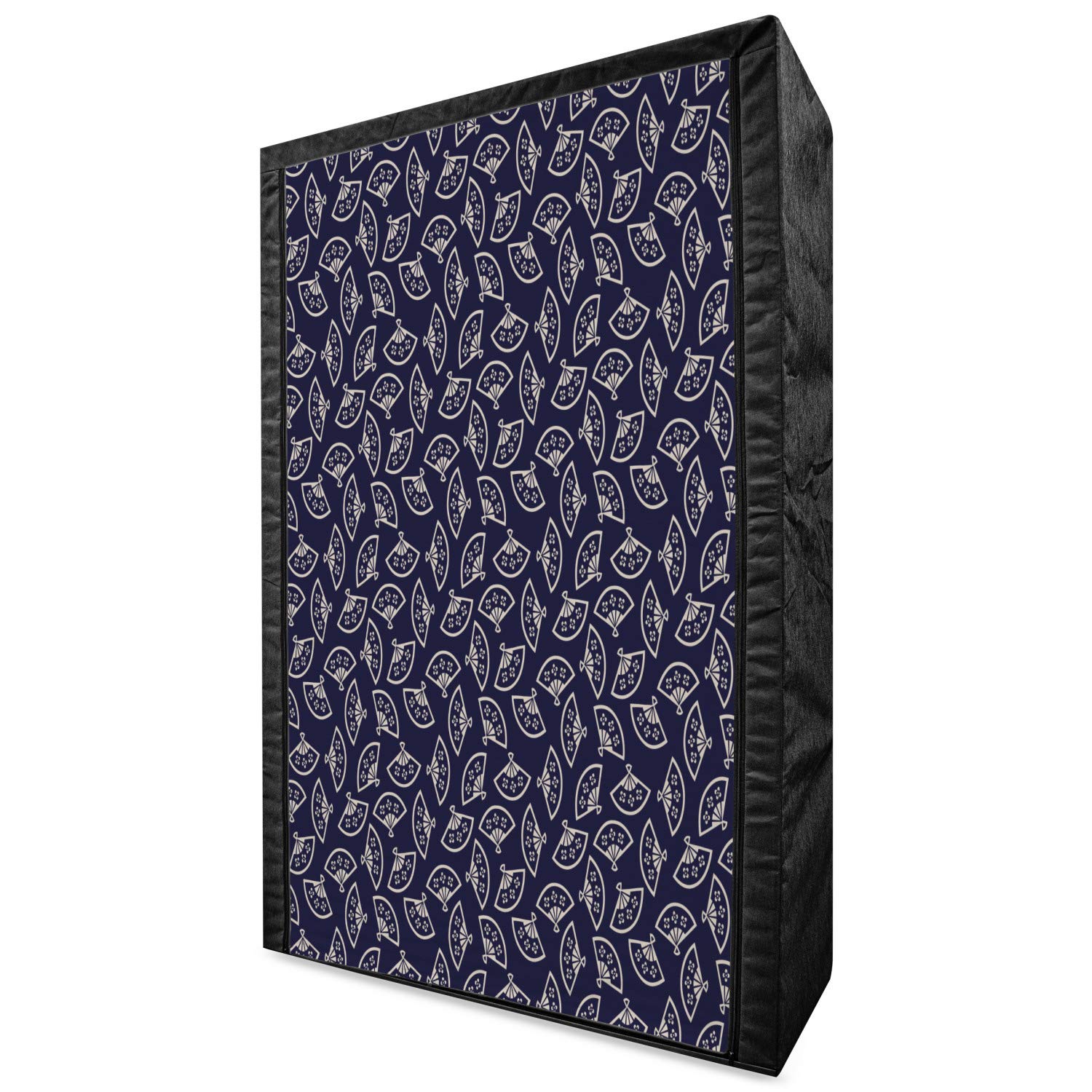 Ambesonne Geometric Portable Fabric Wardrobe - Hand Fan Pattern Kimono Design Clothing Organizer with Shelves, 42.5 Inch Dark Blue & Cream | East Asian Inspired Storage Closet for Bedroom, Dorm, or Travel Use