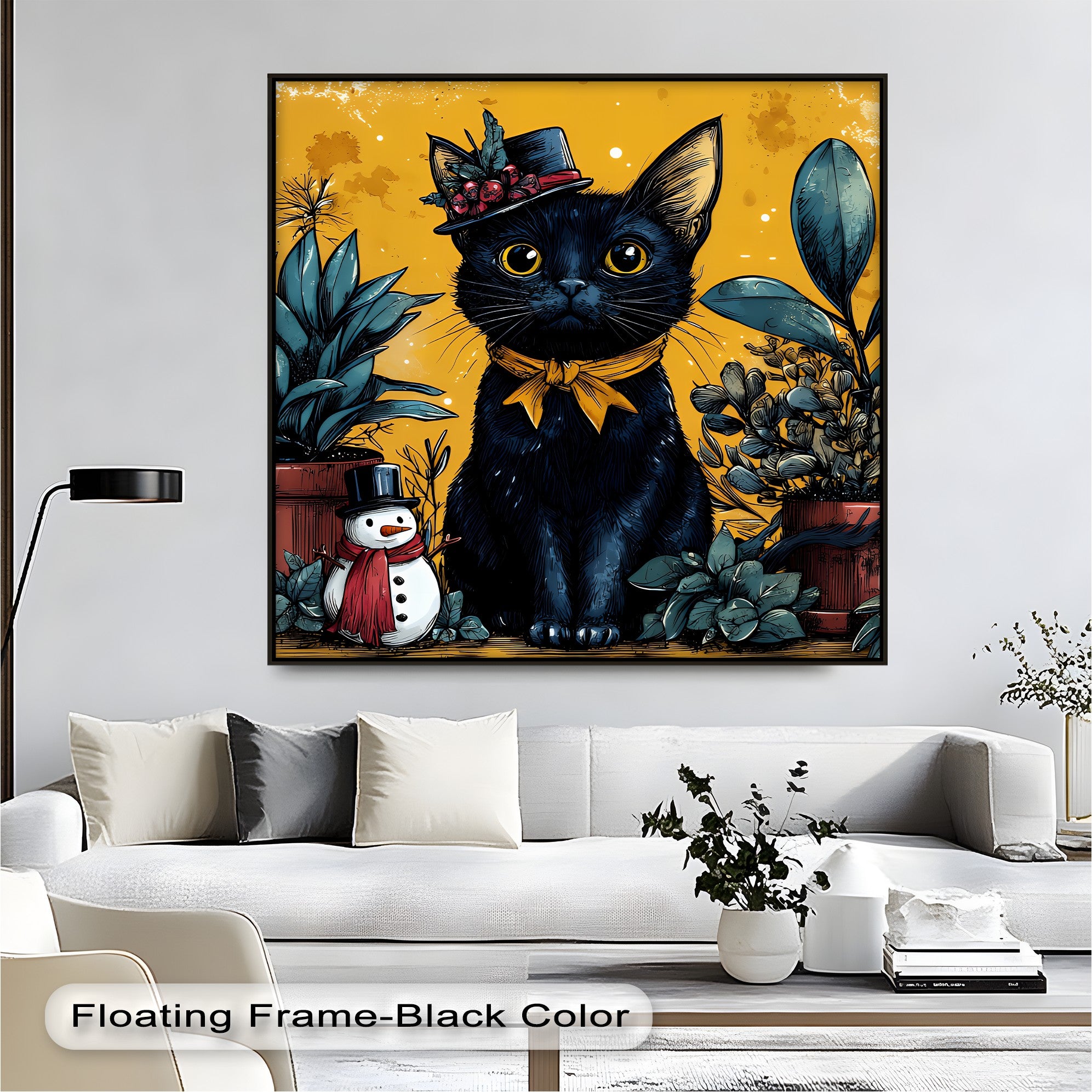 Black Cat with Holiday Hat and Yellow Ribbon - Festive Cat Canvas Print Wall Art for Christmas Home Decor, Living Room, Bedroom & Office
