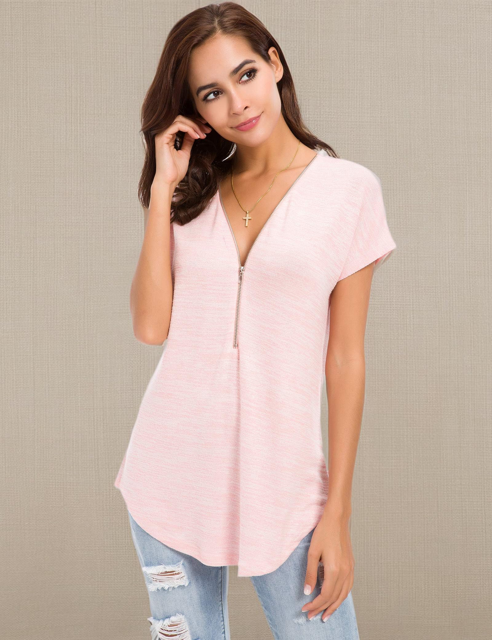 LUSMAY Women's Casual V-Neck Zipper Tunic Top - Loose Fit Short Sleeve Blouse for Summer Outfits, Beach Wear & Everyday Comfort