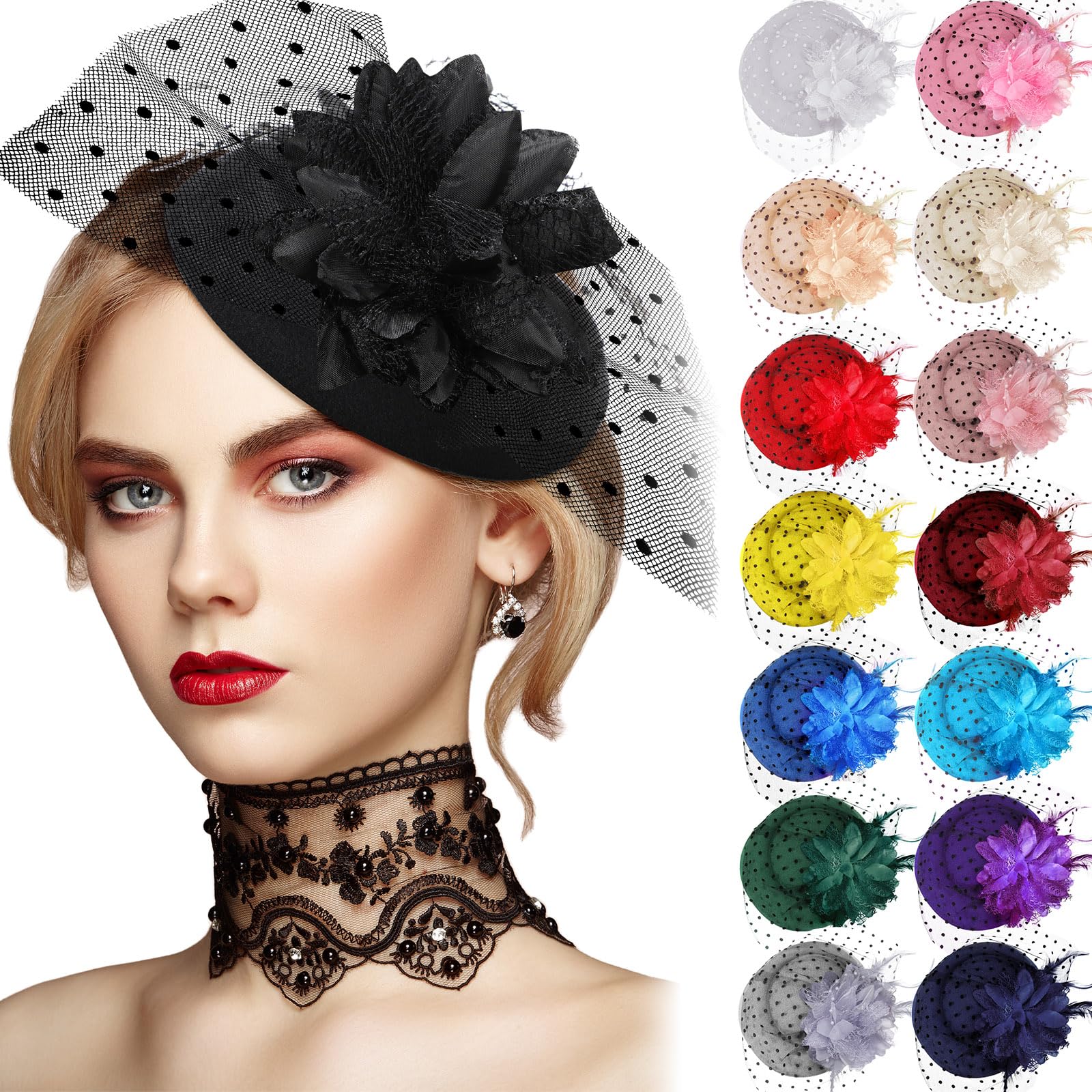 Jeyiour 15 Pcs Vintage Tea Party Hats for Women - Elegant 1920s Style Fascinators & Pillbox Hats with Veil, Flowers & Feathers | Perfect for Weddings, Church Events, Afternoon Tea Parties & Gatsby Themed Occasions