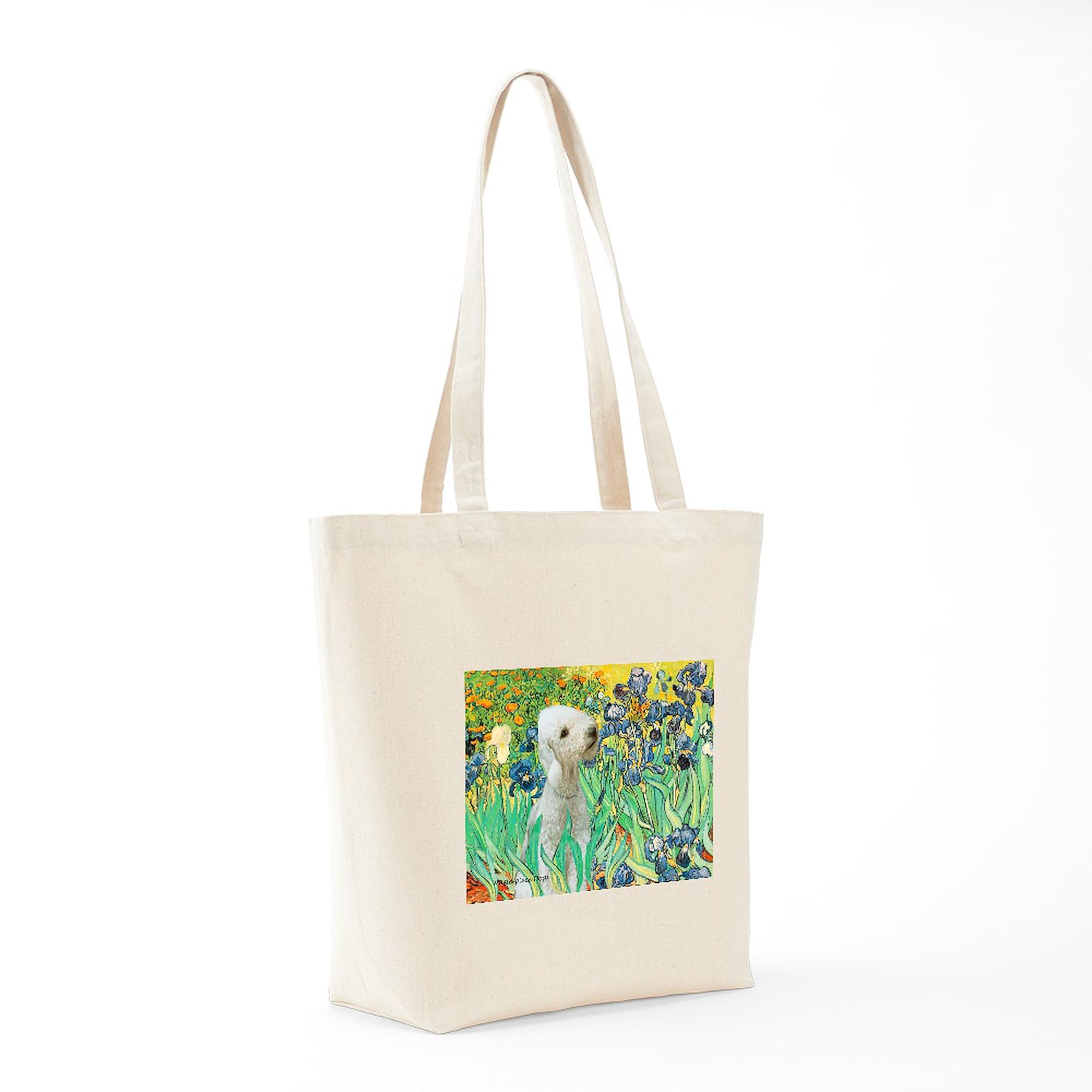 Van Gogh Irises & Bedlington Terrier Print Natural Canvas Tote Bag - Eco-Friendly Reusable Grocery Shopping Bag for Women, Beach, Farmers Market & Daily Use
