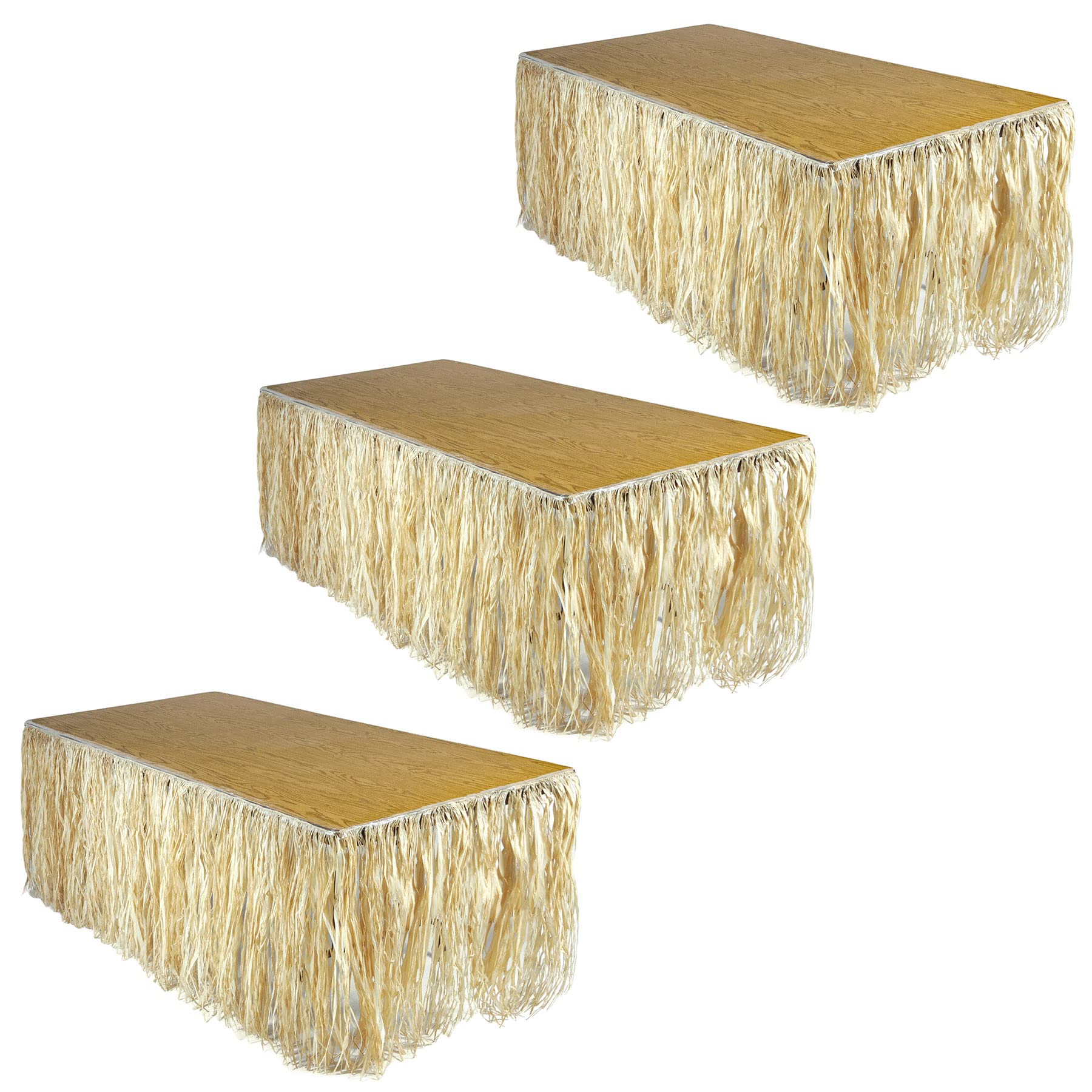 Beistle 3-Piece Natural Raffia Table Skirts for Hawaiian Luau Party Decorations, Tropical Beach Theme Tableware, 30