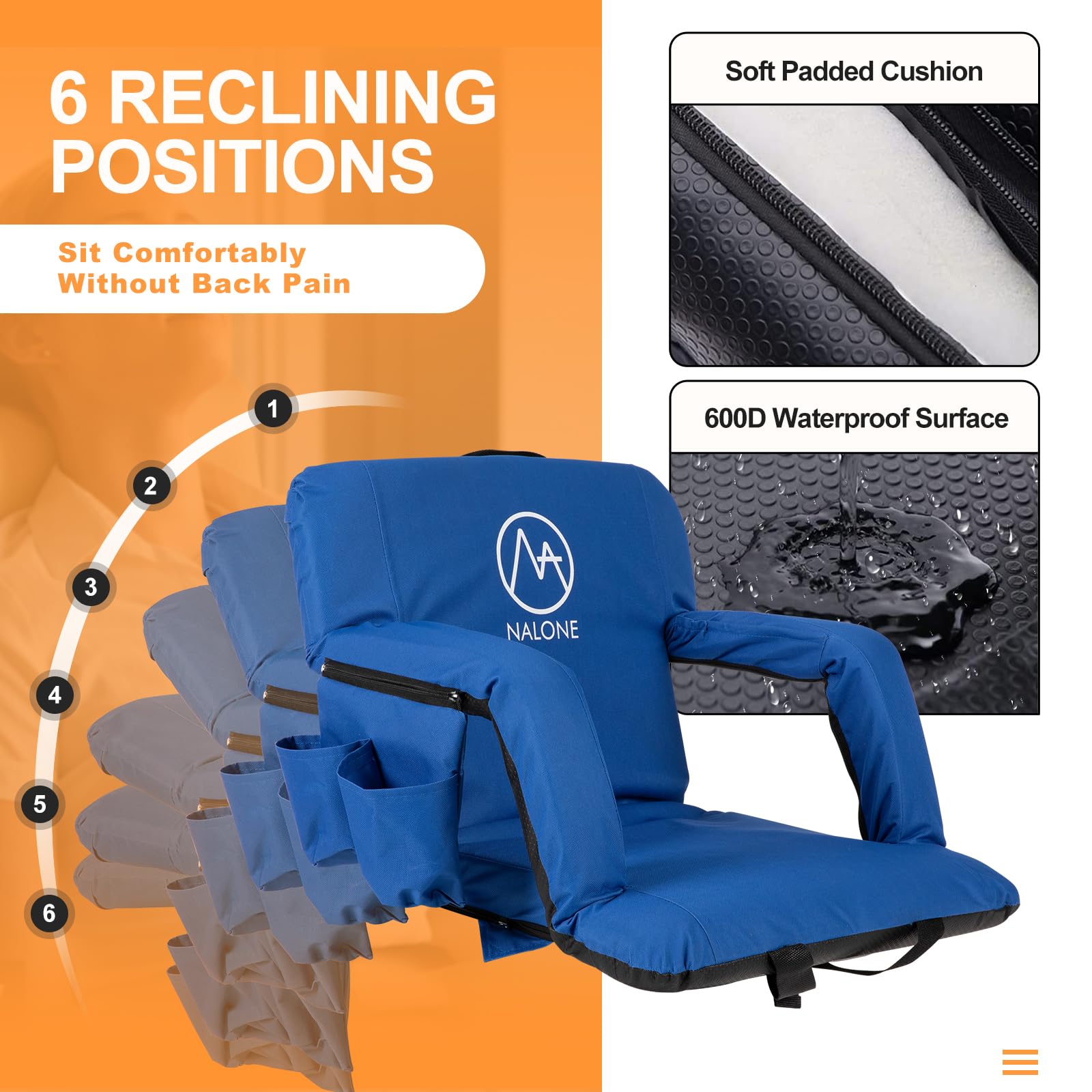 Nalone Folding Stadium Seat Set of 2 - 25 Inch Extra Wide Bleacher Chairs with Back Support, Thick Padded Cushion & Armrests - Portable Reclining Stadium Seats for Sports Games, Concerts, and Outdoor Events (Blue)