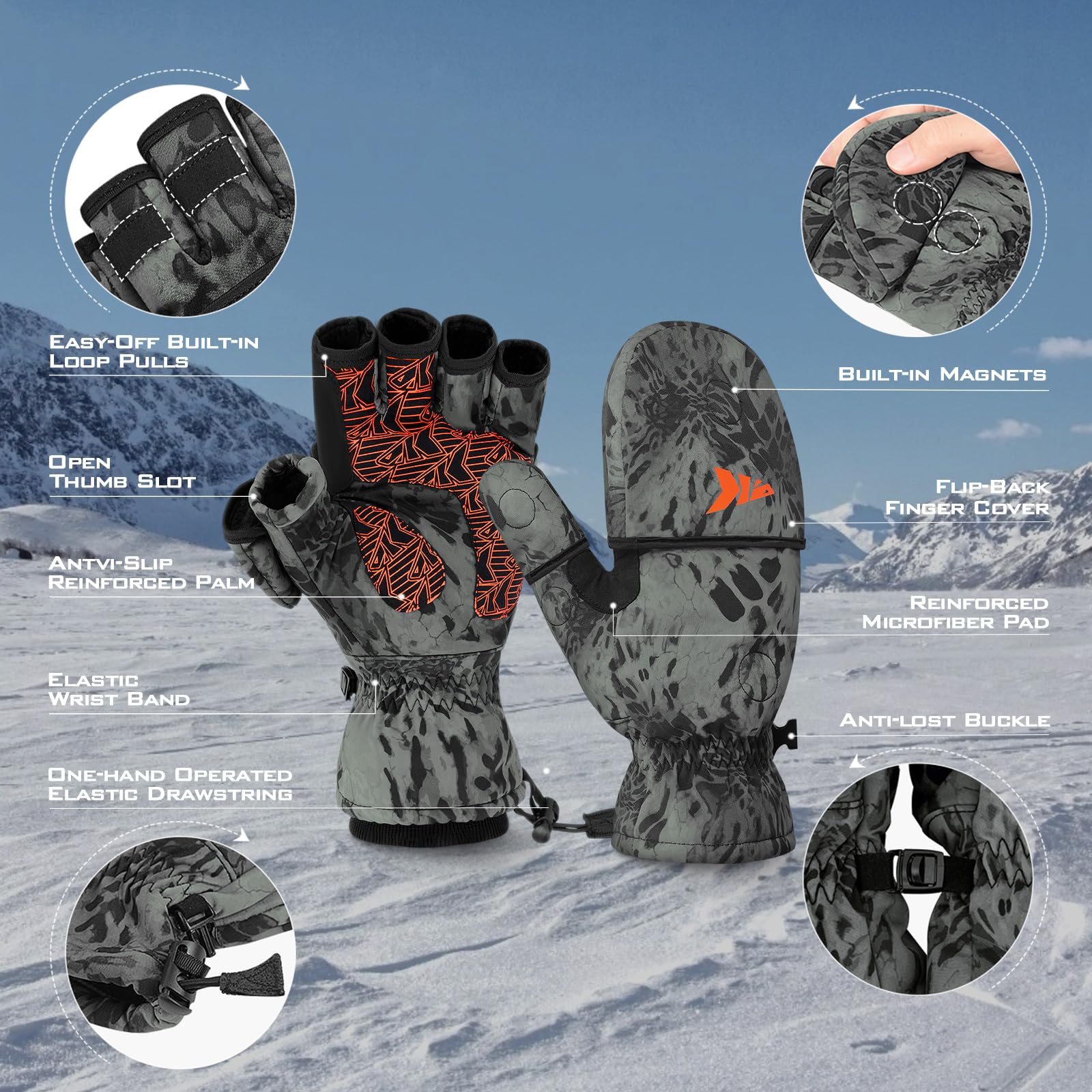 KastKing PolarBlast Ice Fishing Gloves - Convertible Mittens with 3M Thinsulate for Extreme Cold Weather - Waterproof Winter Gloves for Ice Fishing, Photography & Outdoor Activities