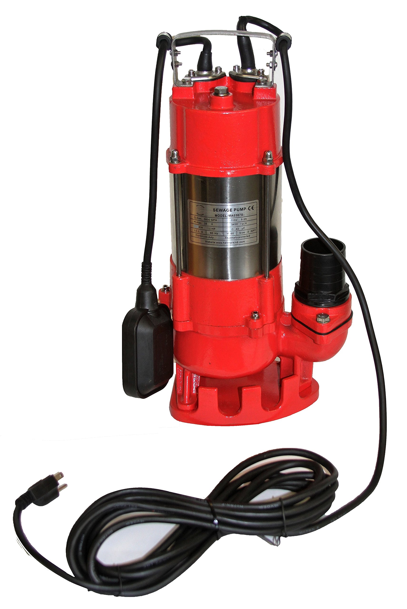 Hallmark Industries MA0387X-8 Heavy Duty Stainless Steel Sewage Pump with Float Switch - 5600 GPM, 3/4 HP, 115V, 38' Lift, 20' Cable - Ideal for Basement Flooding, Septic Systems & Wastewater Removal