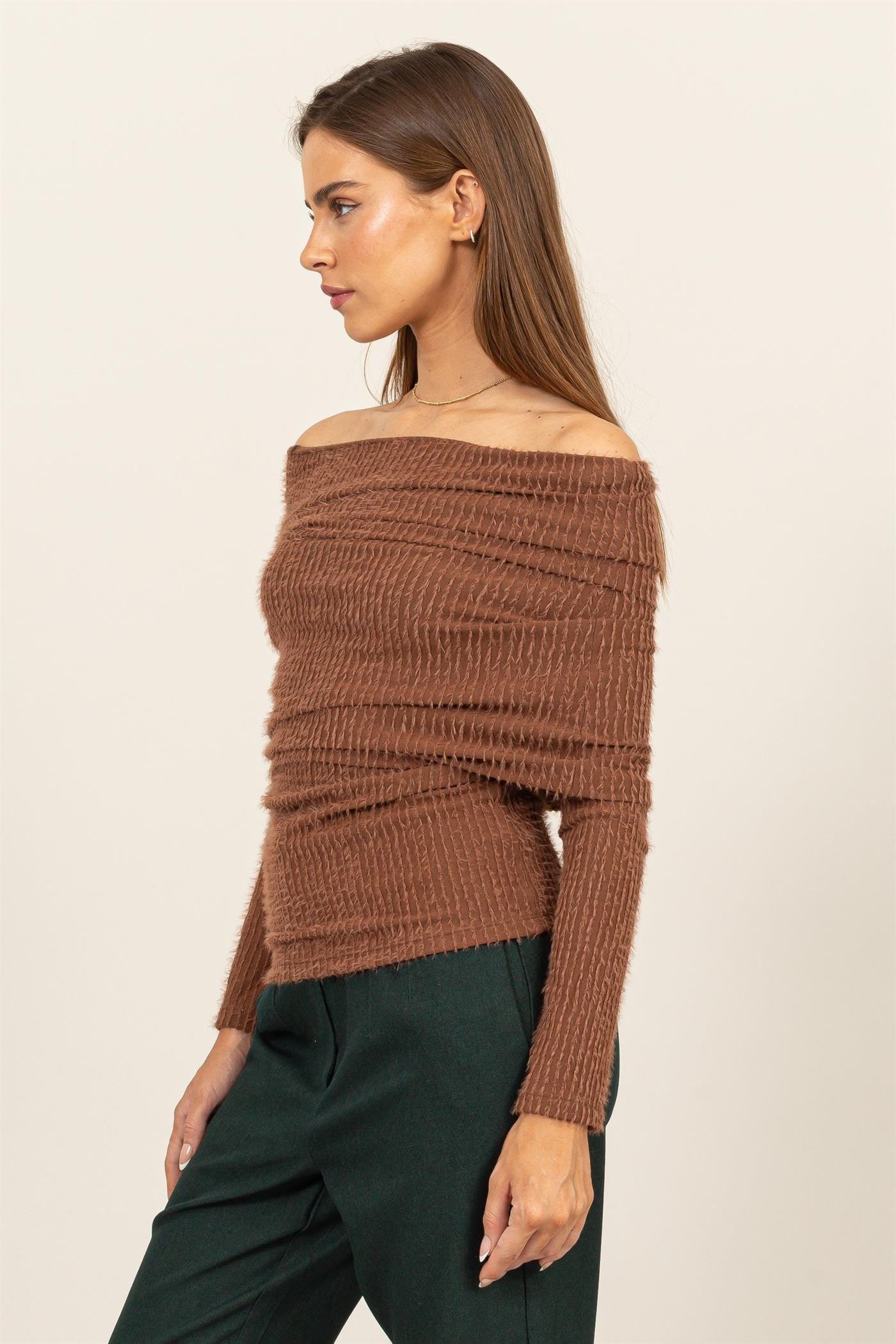 Finley Brown Fuzzy Knit Top for Women - Soft Winter Sweater with Long Sleeves - Cozy Casual Pullover for Fall & Winter Outfits, Office Wear and Weekend Lounging
