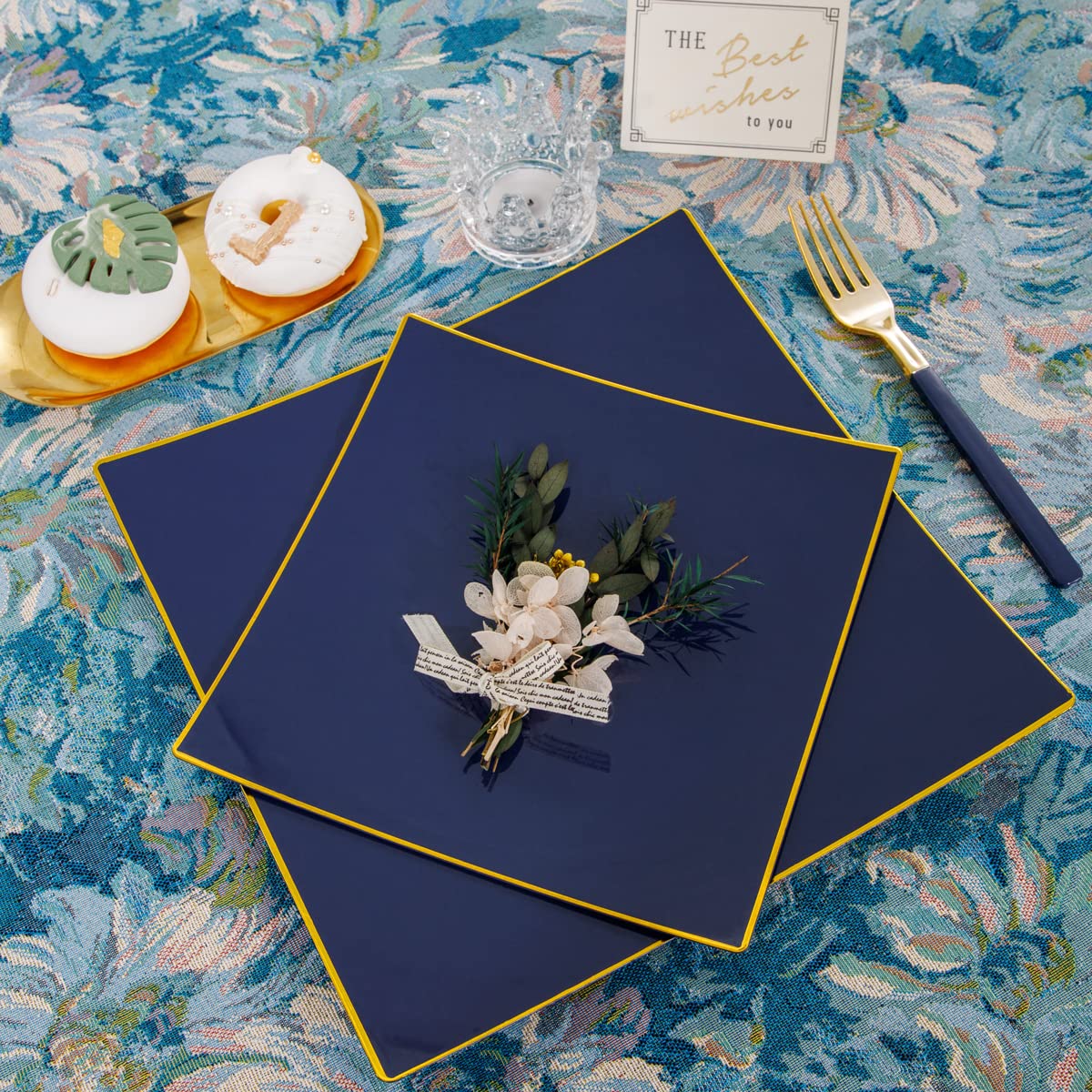 140-Piece Blue Plastic Dinnerware Set - Disposable Gold Square Plates, 20 Dinner Plates, 20 Dessert Plates, 20 Knives, 20 Forks, 20 Spoons, 20 Napkins & 20 Cups - Elegant Tableware for Weddings, Parties & Outdoor Events