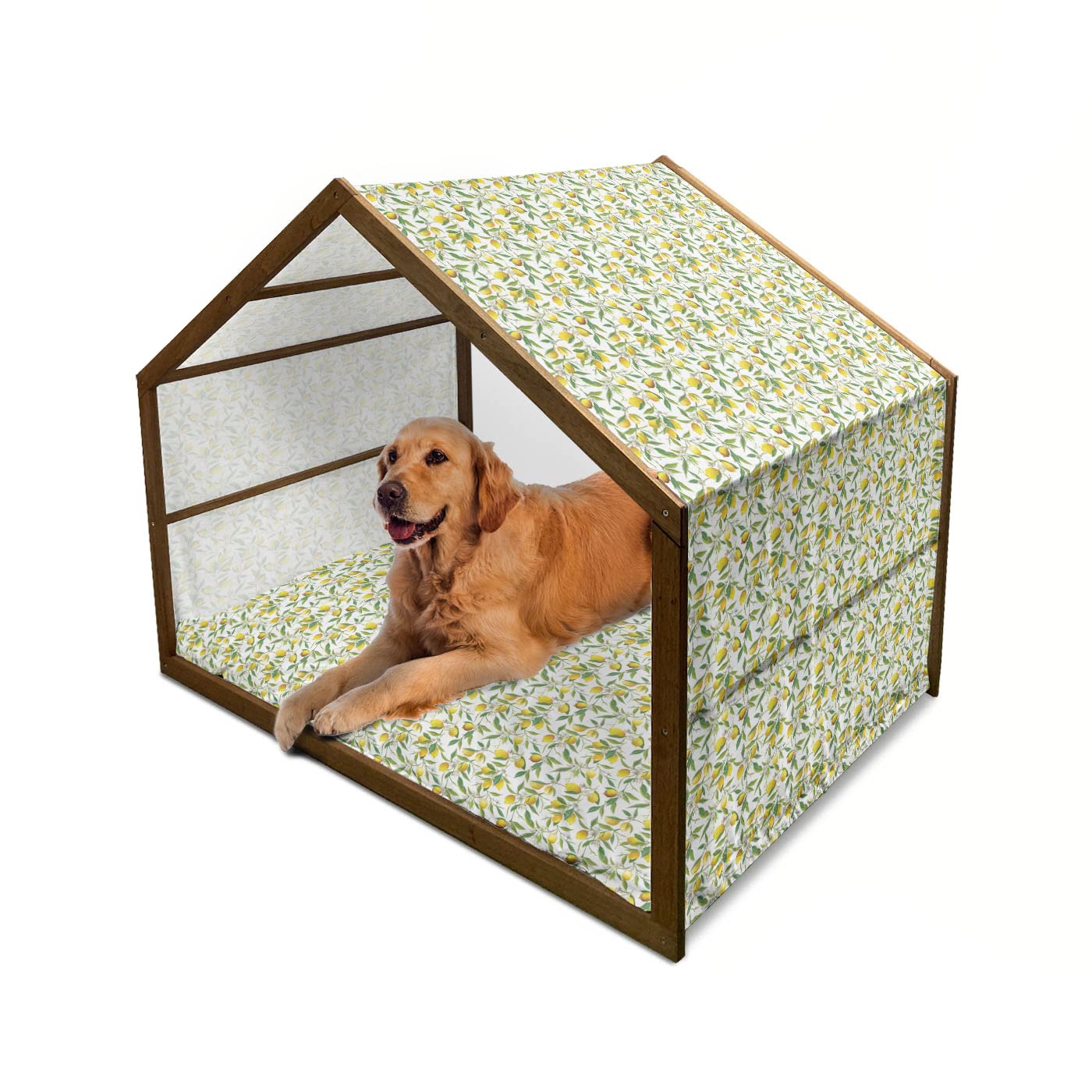 Ambesonne Wooden Dog House for Large Dogs - Indoor & Outdoor Portable Pet Kennel with Pillow & Cover, X-Large Size, Fern Green Yellow White Design - Perfect for Backyard, Patio, or Home Decor - Nature-Inspired Citrus Floral Pattern Dog Shelter
