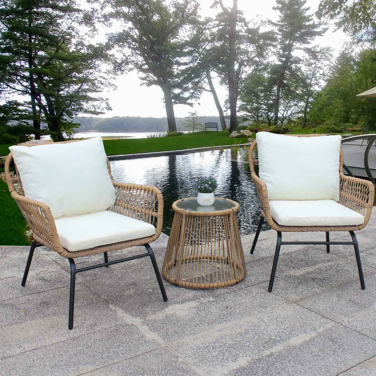 3-Piece Outdoor Patio Wicker Furniture Set - Natural Rattan Chairs with Beige Cushions & Tempered Glass Table - Garden Conversation Set for Balcony, Backyard, Poolside (2 Seats + Table) - Perfect for Relaxing, Entertaining & Outdoor Dining
