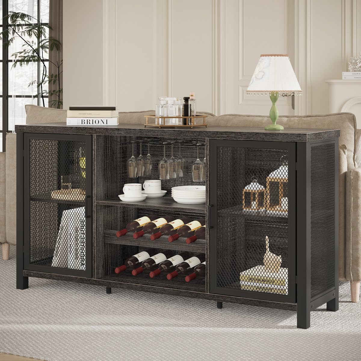 Industrial Wine Bar Cabinet - Rustic Sideboard Buffet with Storage for Liquor, Glasses & Coffee Bar | Dark Grey Oak 55