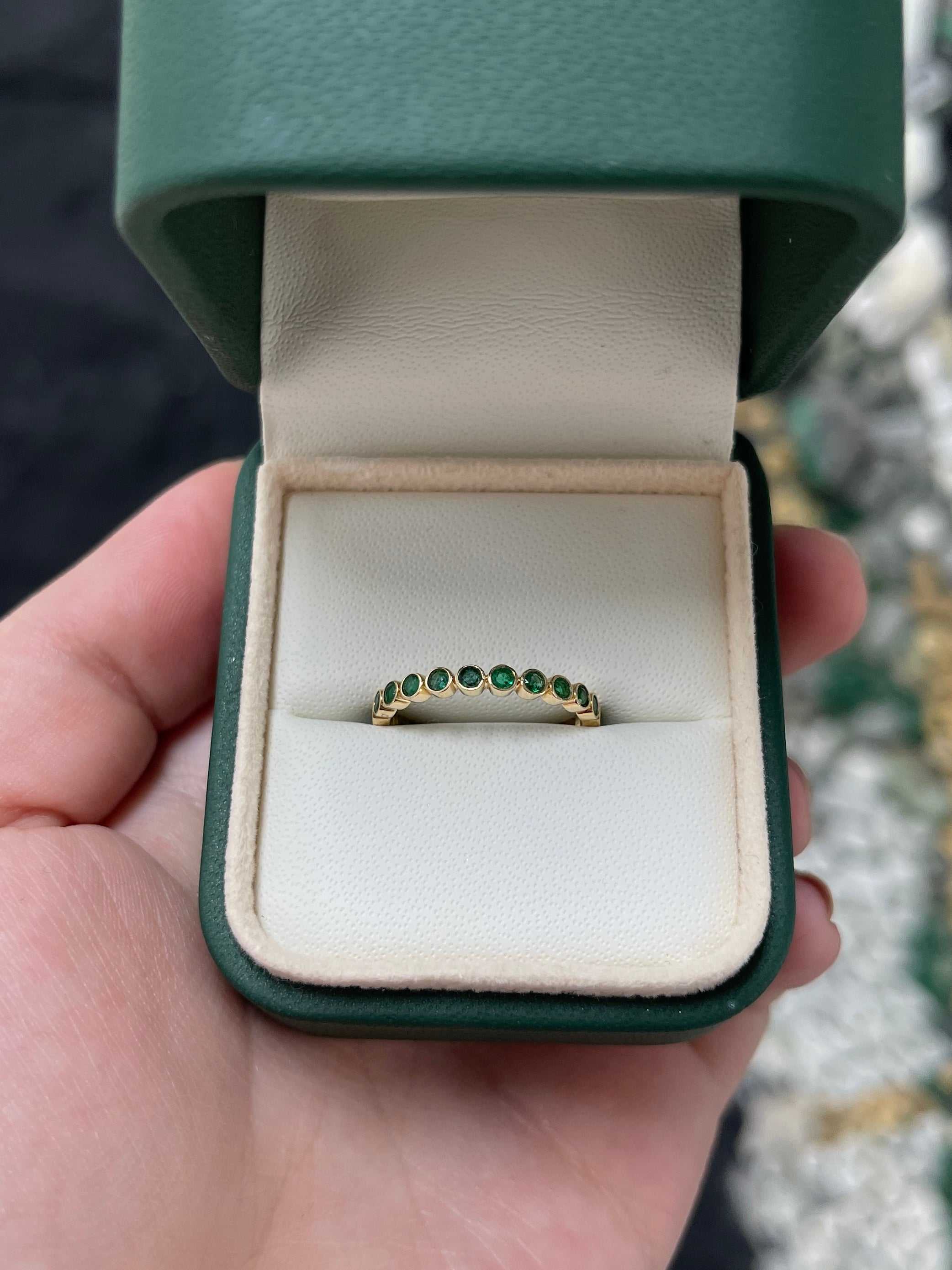 14K Gold Bezel Set Round Emerald Eternity Band Ring for Women - Wedding, Anniversary & Special Occasion Jewelry Gift