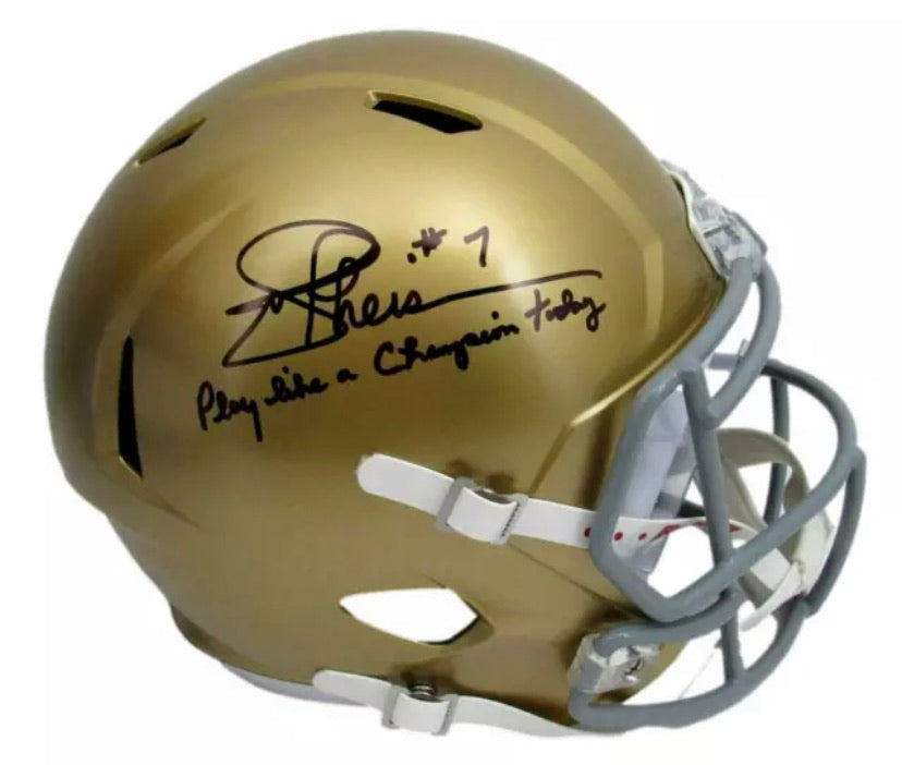 Joe Theismann Autographed Notre Dame Riddell Speed Replica Football Helmet - Signed Full Size with 