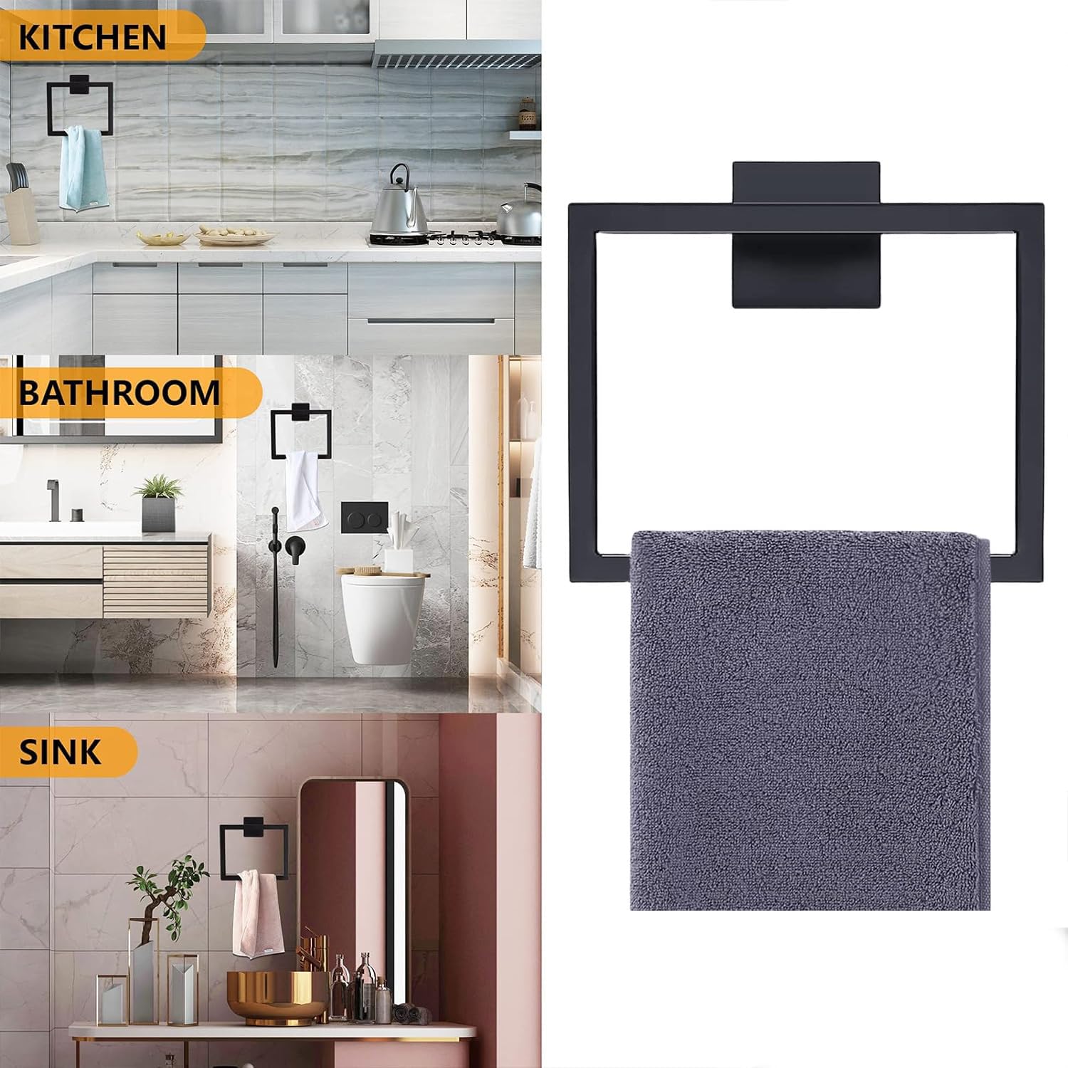 Modern Matte Black Towel Ring - SUS304 Stainless Steel Wall Mounted Bathroom Towel Holder - Durable Hand Towel Hanger for Bathroom, Kitchen & Powder Room - Perfect for Guest Bathrooms & Spa Style Decor
