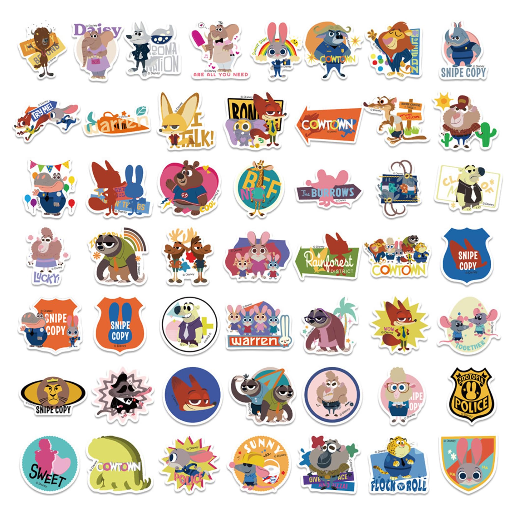 50Pcs Zootopia Judy Hopps & Nick Wilde Vinyl Waterproof Stickers - Cute Cartoon Decals for Water Bottles, Laptops, Phones, Cars, Motorcycles - Perfect for Kids Room, School Supplies & DIY Crafts