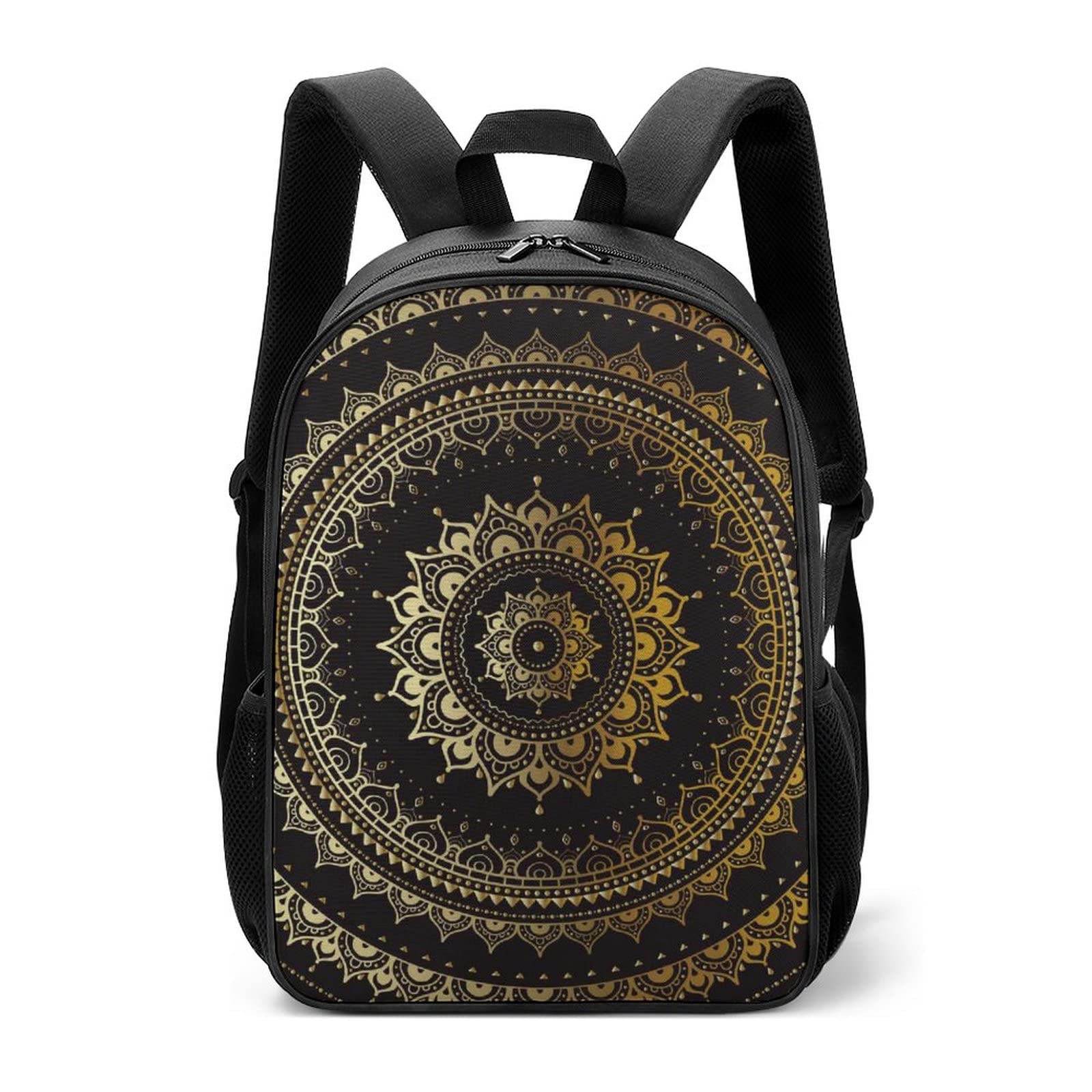 Golden Indian Mandala Tribal Ethnic Circle Flower Black Backpack for Boys & Girls - Stylish School Book Bag, Laptop & Tablet Rucksack with Pockets - Perfect for Students, Travel & Everyday Use