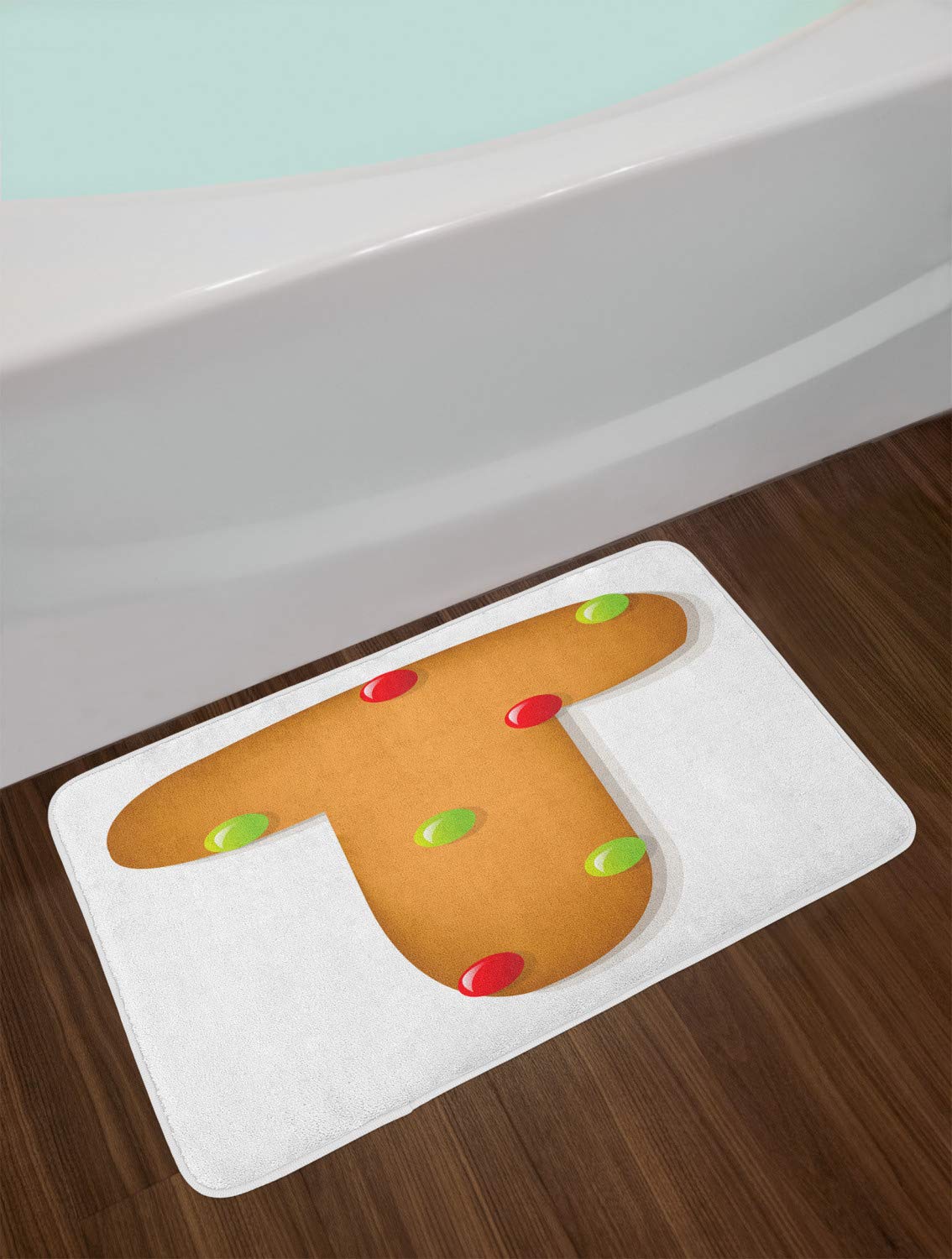Ambesonne Christmas Alphabet Bath Mat - Non-Slip Plush Bathroom Rug with Gingerbread Cookie Letter T & Xmas Polka Dots, 30.2 x 20 Inches in Ginger Vermilion & Green - Perfect for Holiday Decor, Festive Bathroom Accent & Cozy Winter Home Decor