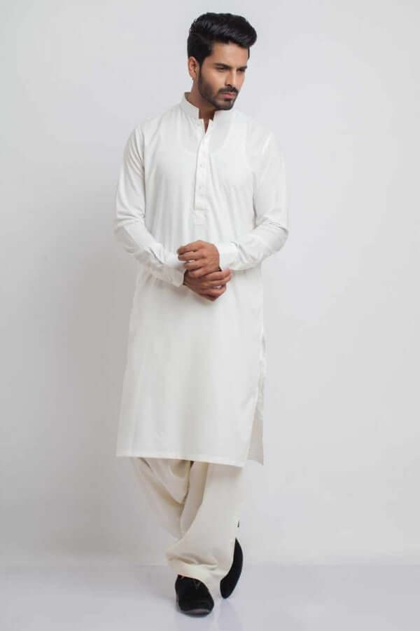 Classic Off White Tall Mandarin Collar Shalwar Kameez AI SHKZ 00024 | Traditional Pakistani Formal Wear for Men | Perfect for Weddings, Eid & Special Occasions